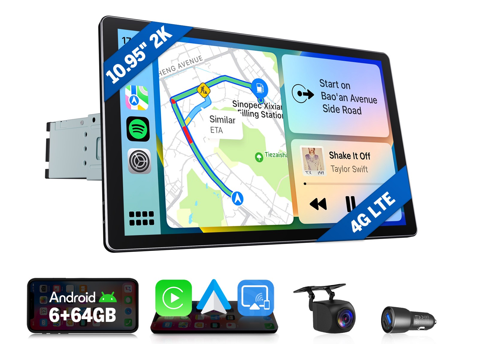CAM+ 10.95″ 2K QLED 6+64GB 1DIN Car Stereo Android Auto Wireless CarPlay GPS DSP