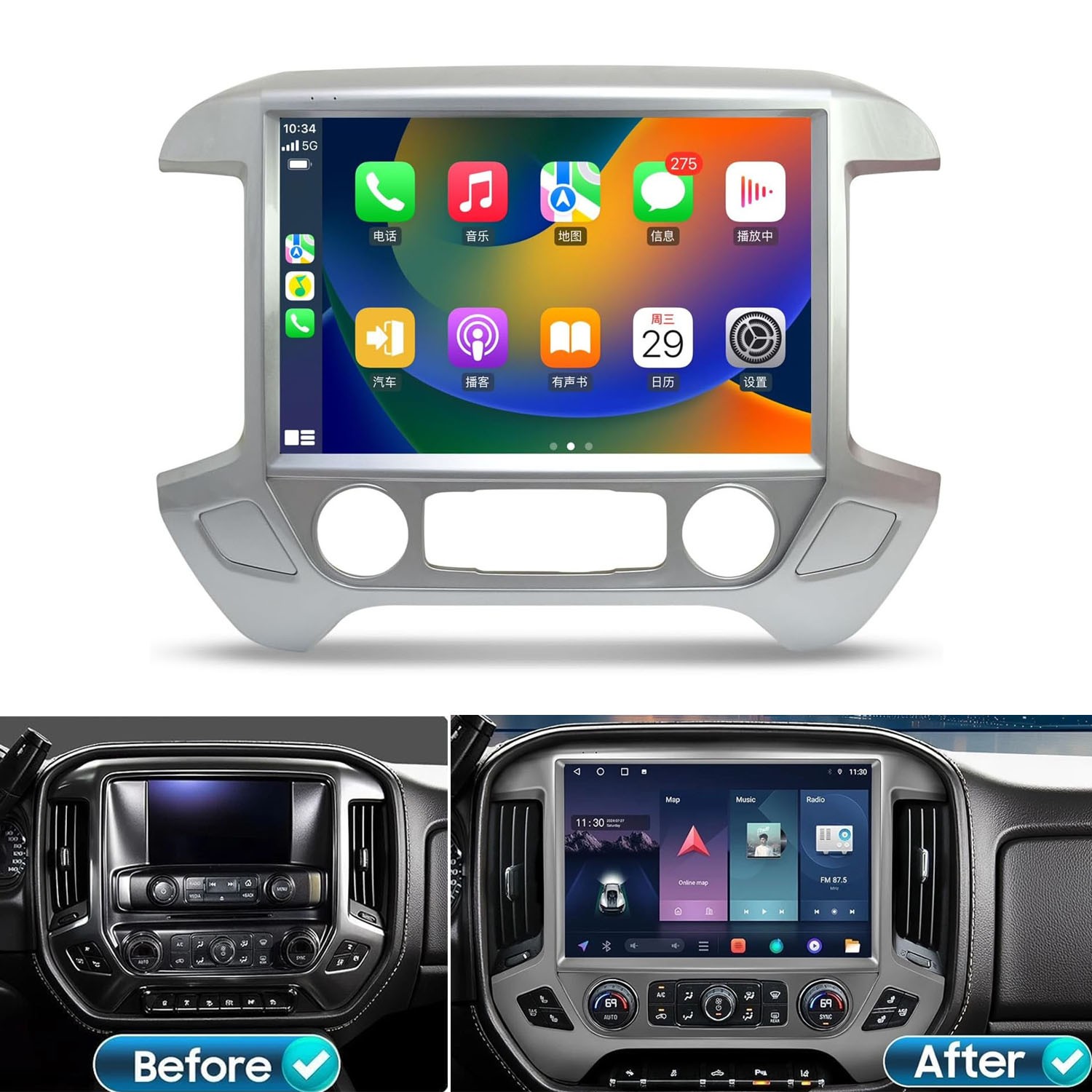 For 2014-2018 Chevy Silverado GMC Sierra 13.1” Carplay Car Stereo Radio 8+128GB