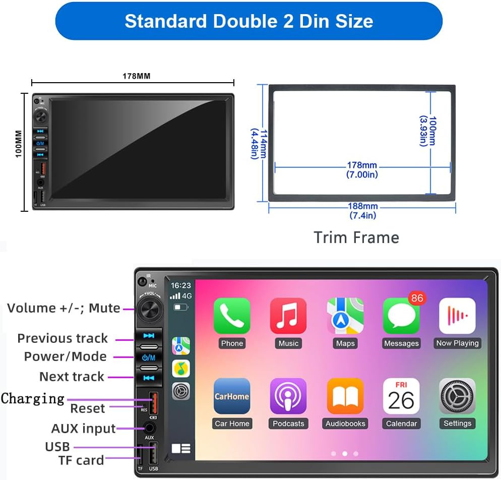 7 Inch Double Din Car Stereo for Wireless Carplay & Android Auto, Car Audio with