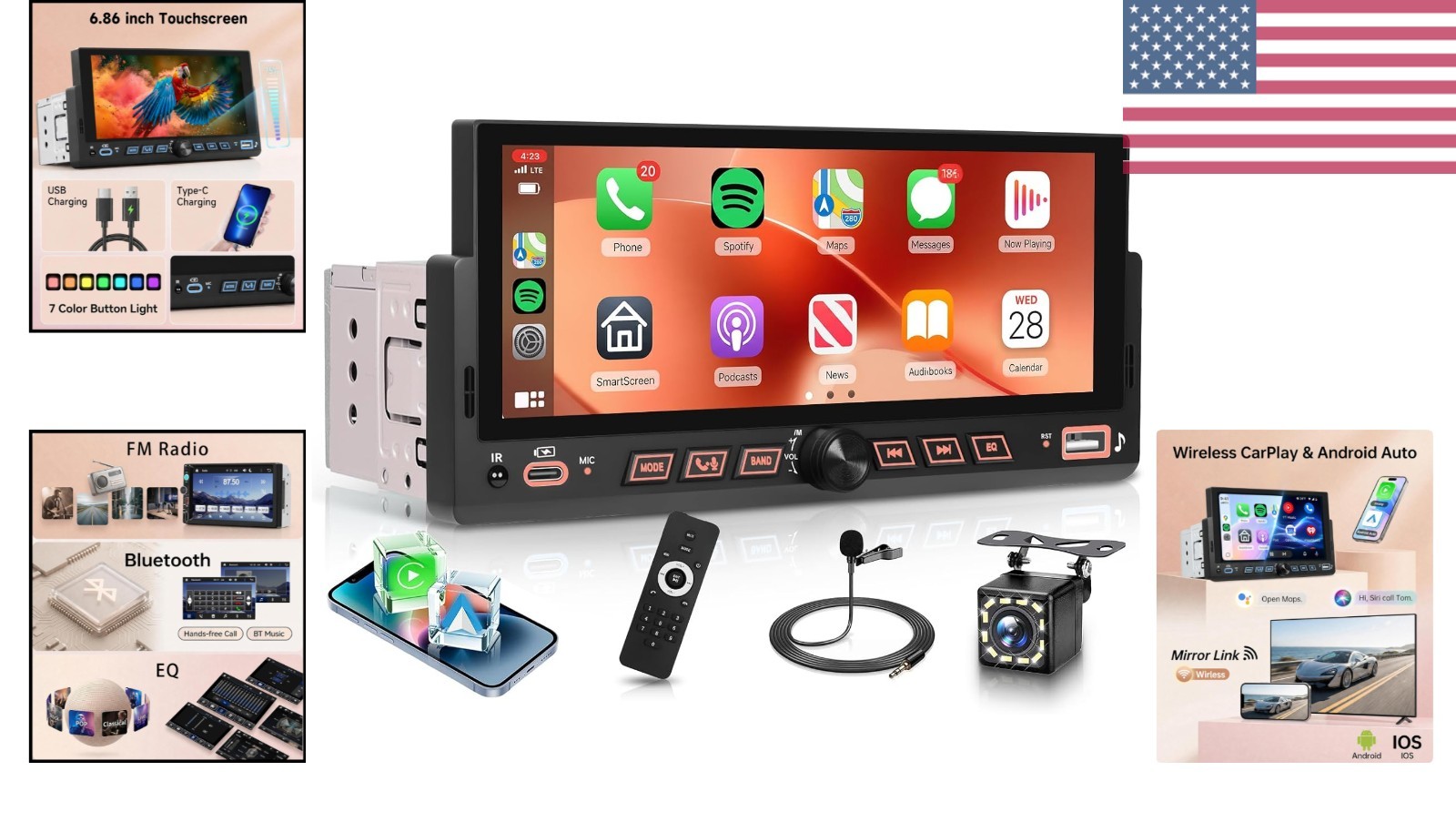 Single Din Car Stereo Wirelsss Carplay Android Auto, 1 Din Head Unit Bluetoot…