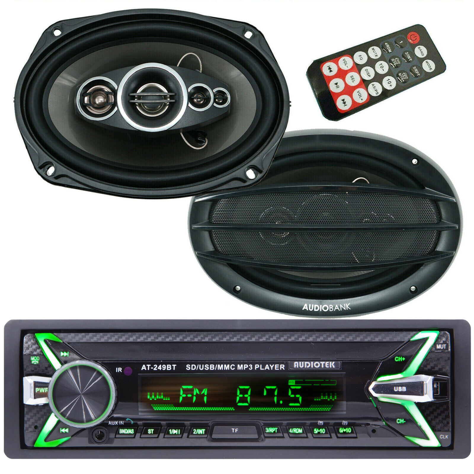 Audiotek Bluetooth Car Stereo Digital Media Receiver +2x Audiobank 6″x9″ Speaker