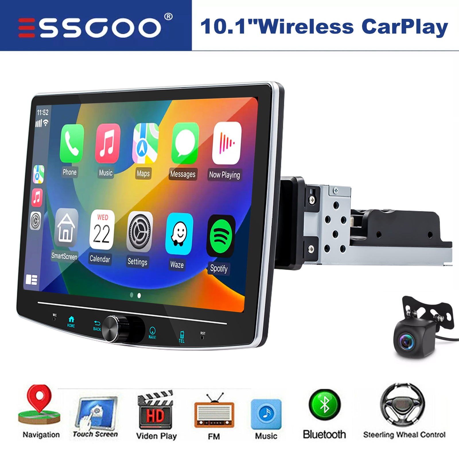 Single 1 DIN 10.1″ 4+64G Rotatable Android 15 Car Stereo Radio GPS Wifi+Camera