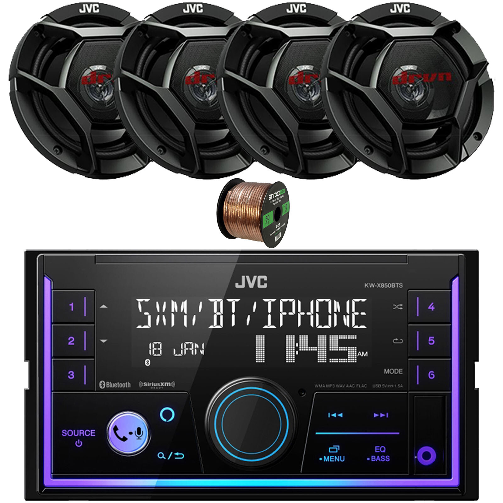 JVC In-Dash 2DIN Bluetooth AM/FM Car Radio, 4x 6.75″ 300 Watt Speakers, Wire