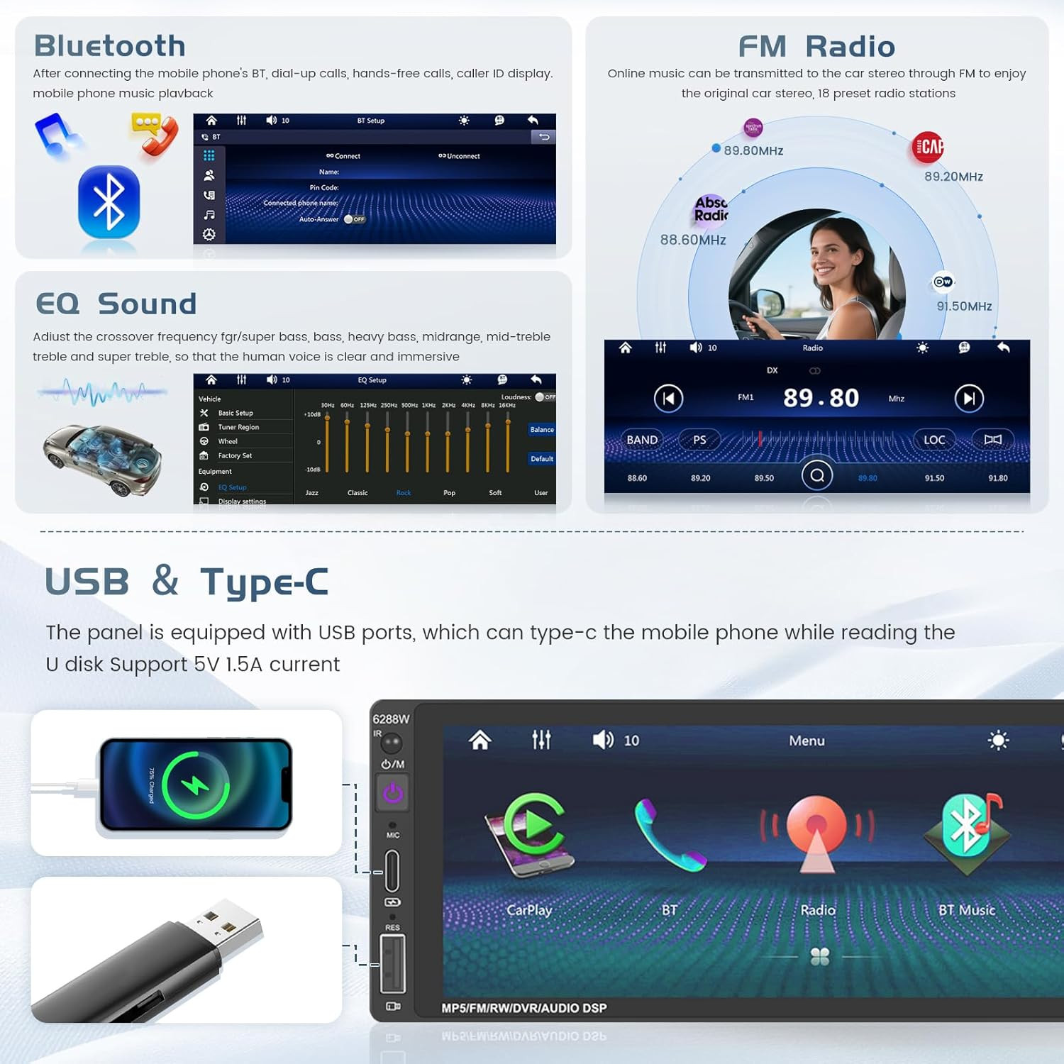 Single Din Car Radio Stereo with Wireless Apple Carplay Android Auto, 6.9″ HD To