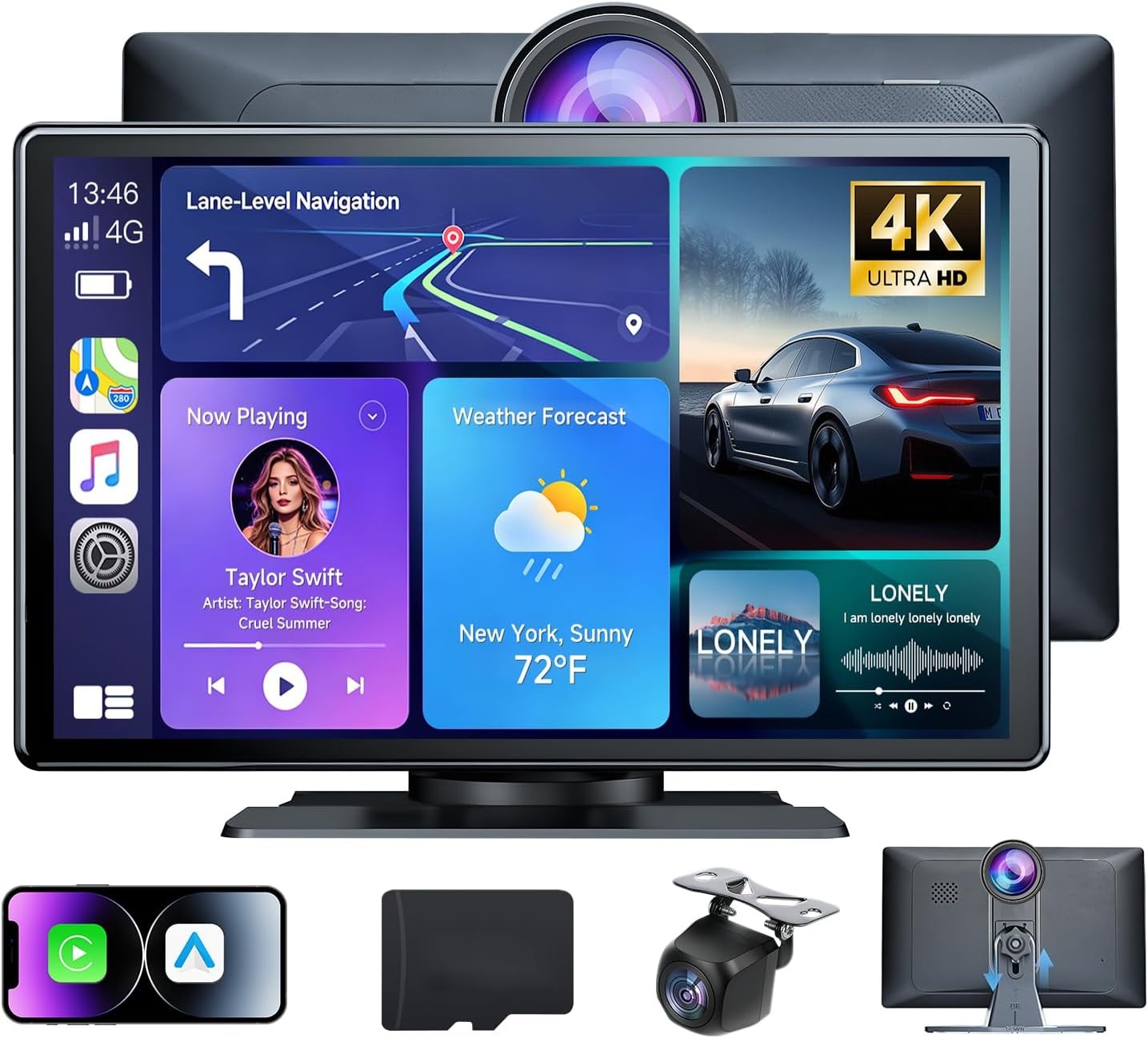 9inch Portable Stereo Wireless Apple Carplay Android Touch Screen w/CAM Radio