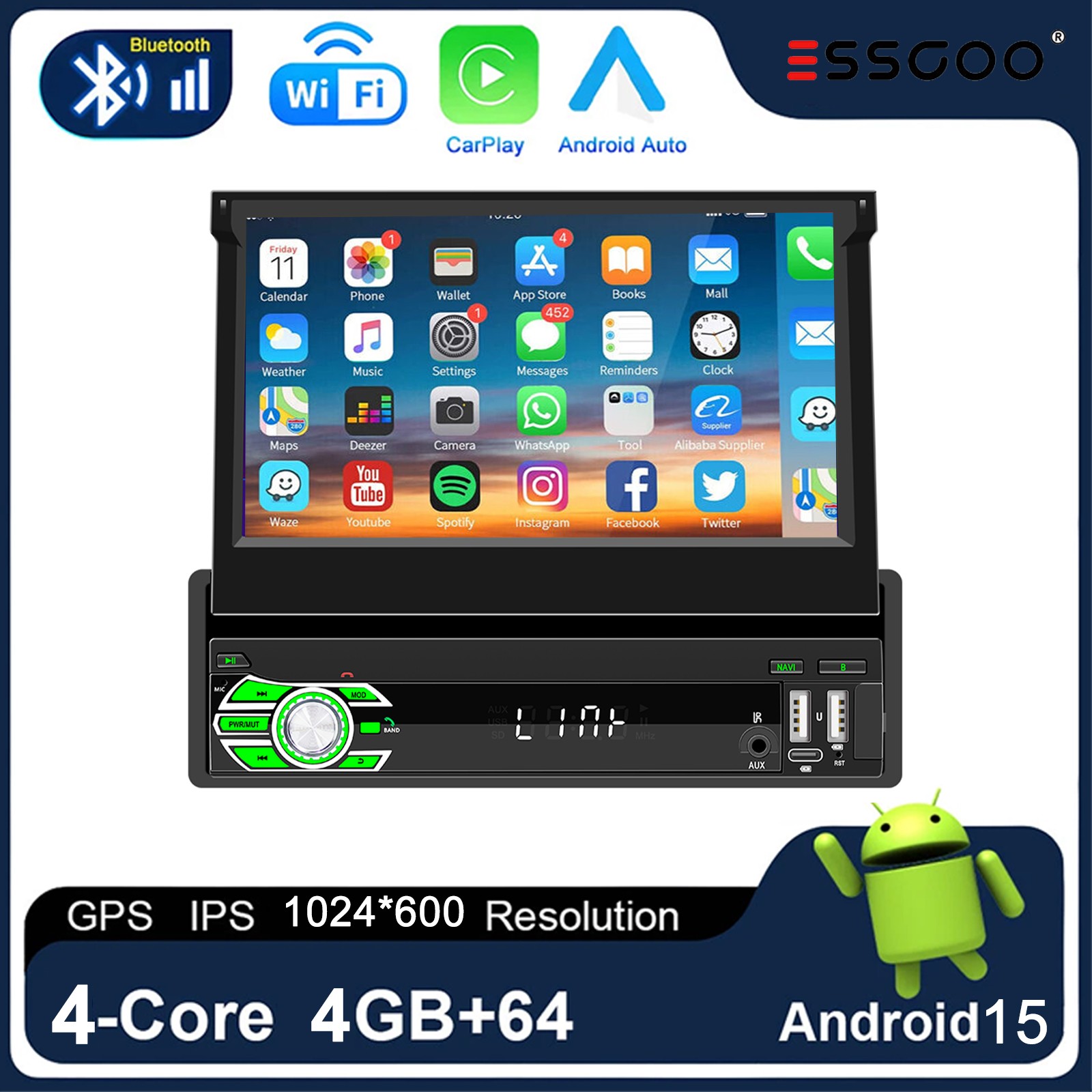 7″ 4+64G Single 1DIN Car Stereo Radio CarPlay Android15 GPS NAV Flip Out Screen