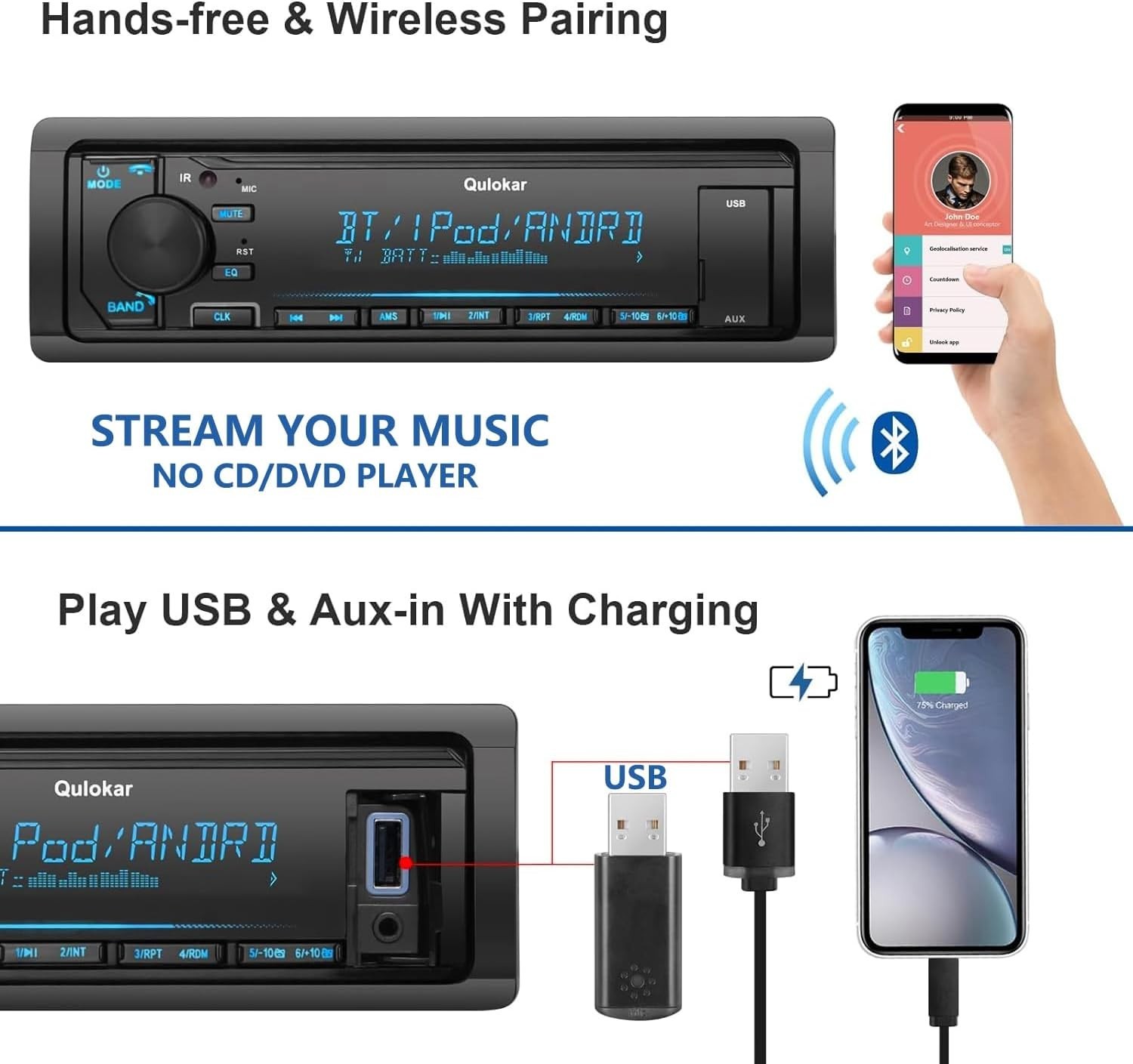 Single DIN Multimedia Car Stereo Radio,7 Character LCD,Bluetooth with Hands F…