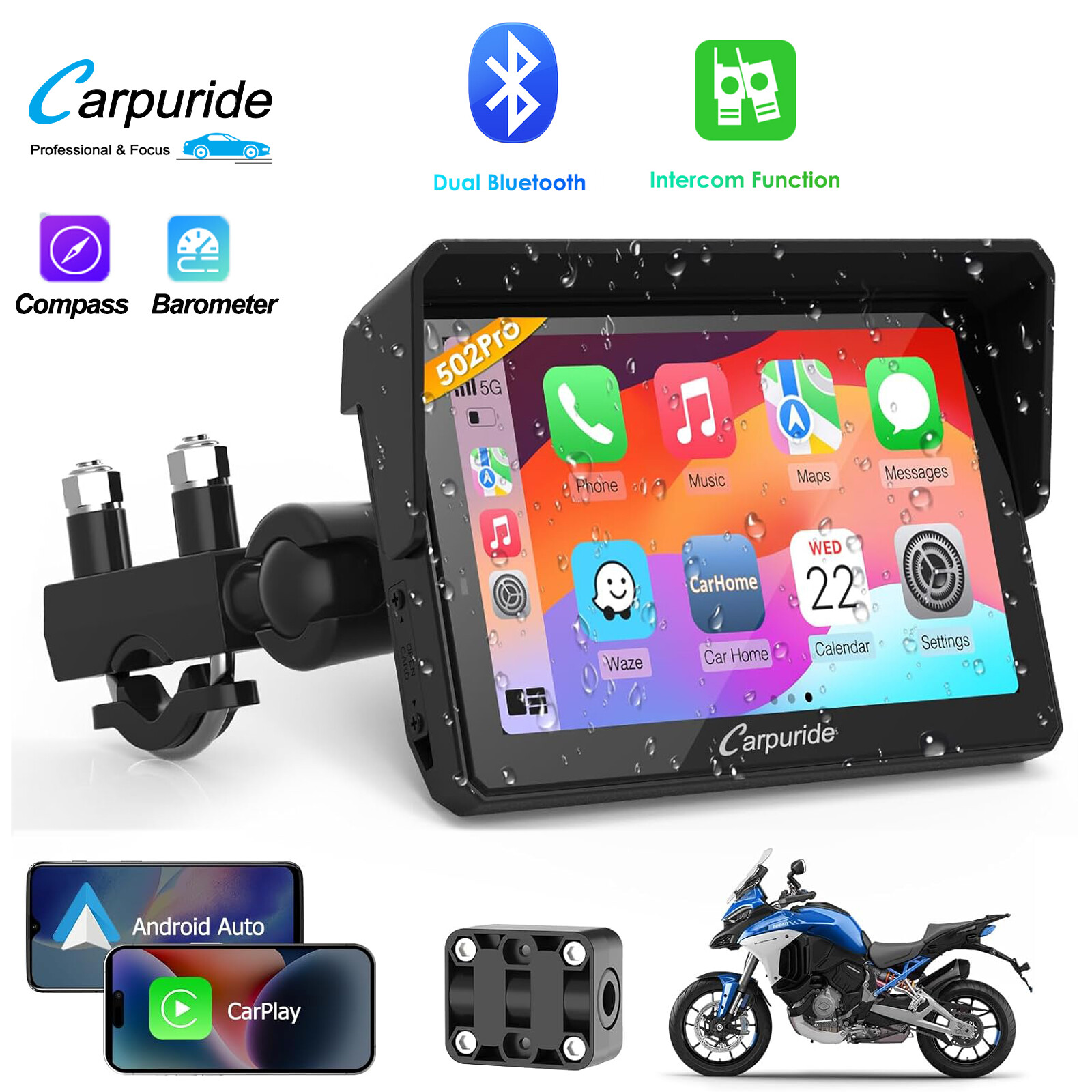 Carpuride W502Pro Intercom Compass Dual Bluetooth Motor Carplay Android Auto