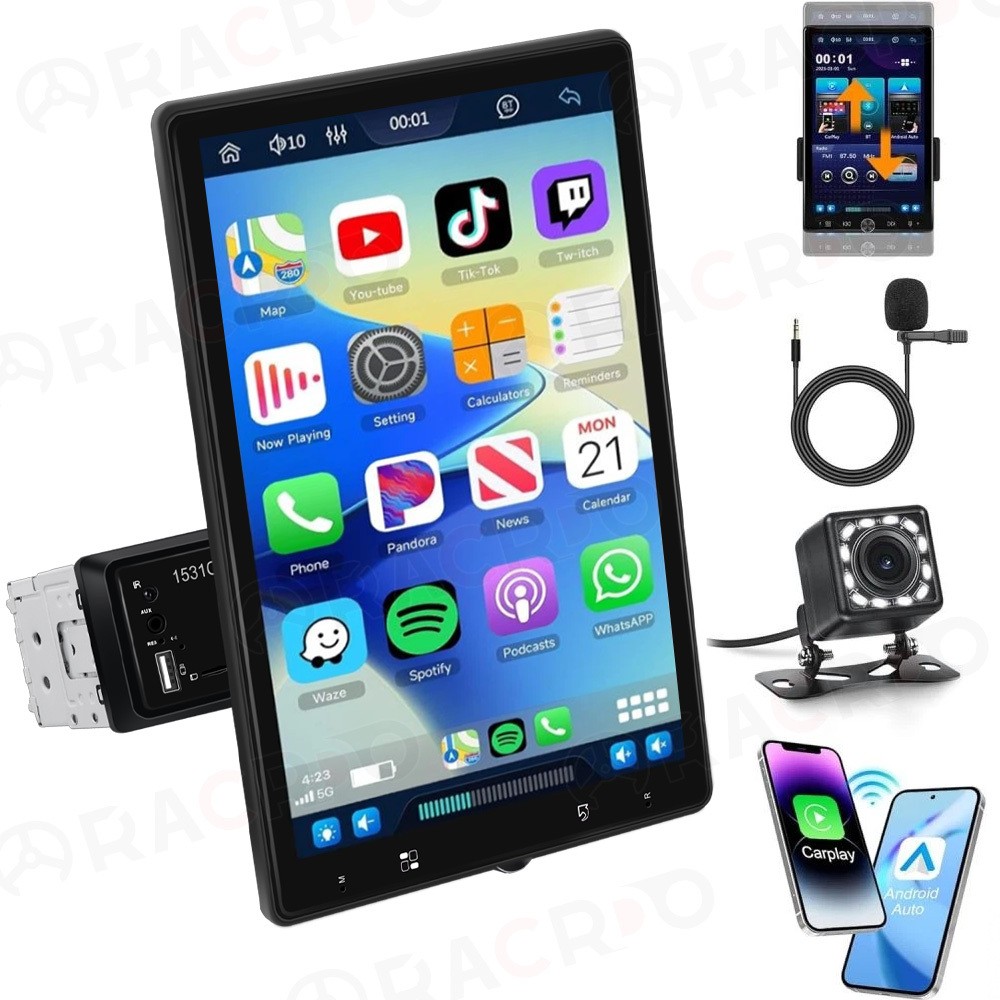 10.4” 1 Din Car Stereo Apple CarPlay Android Auto Rotatable Radio BT USB Cam