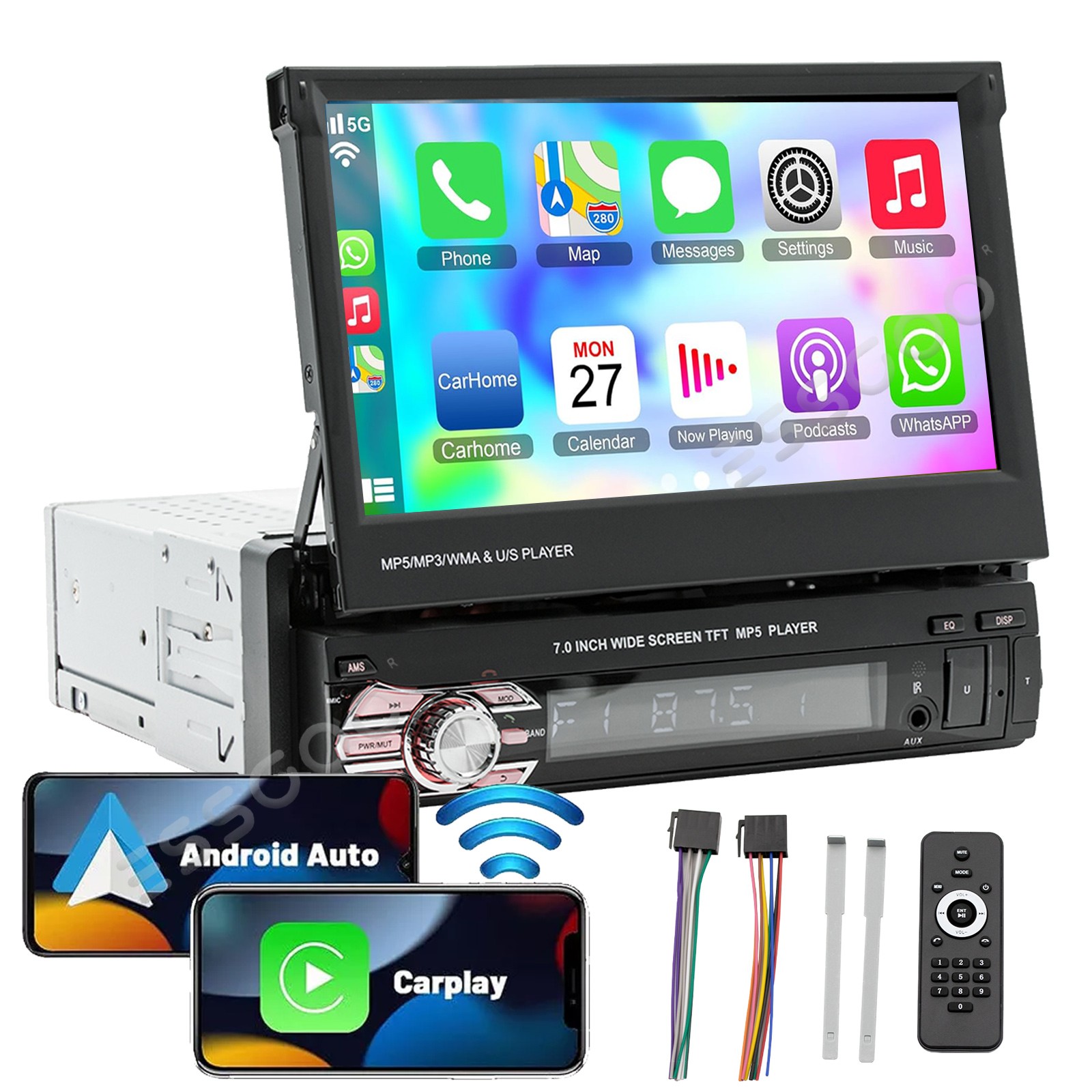 7” Single Din Car Stereo Flip Out Head Unit Android Apple CarPlay Touch Radio