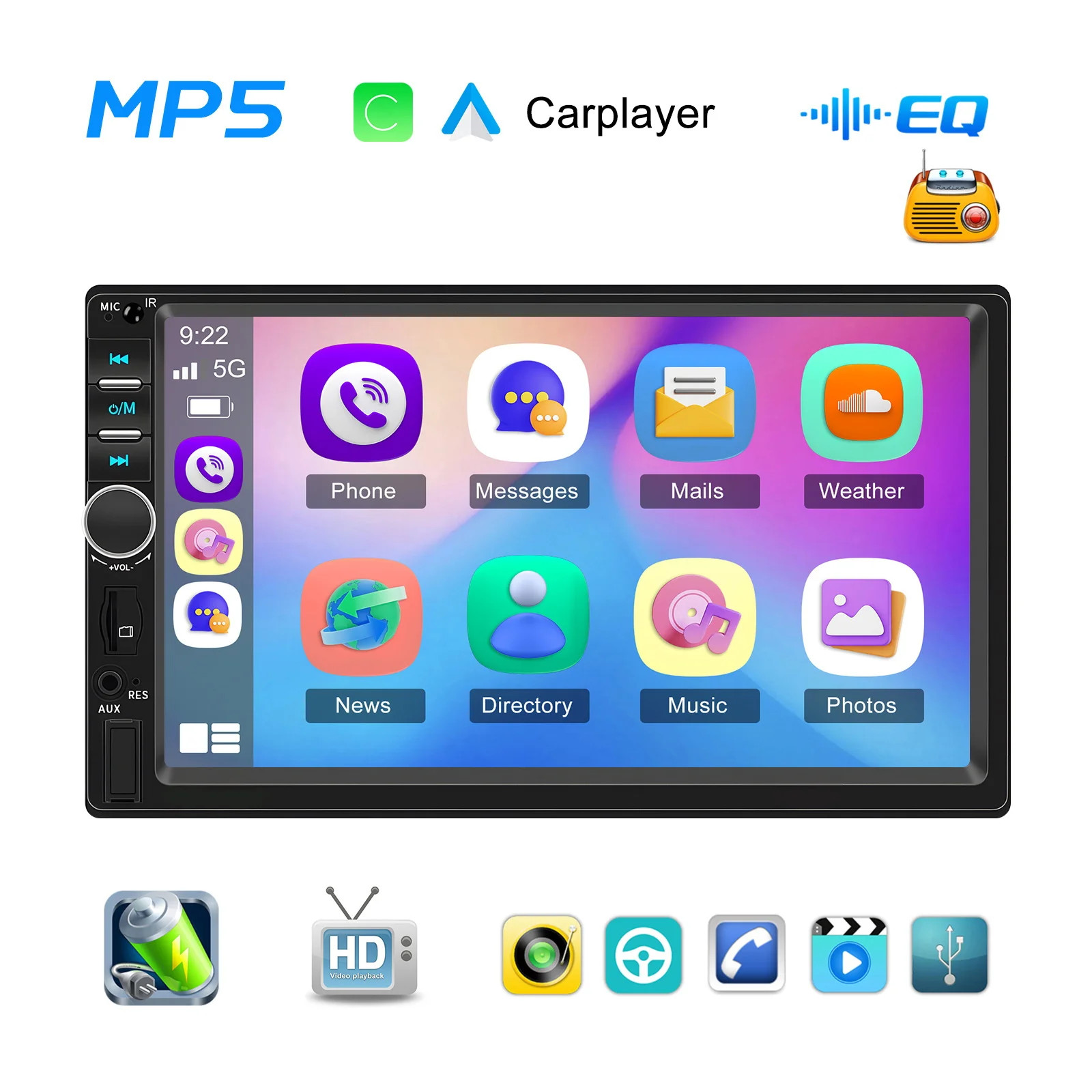 7″ HD Car Stereo,USB,FM Radio,Wireless,Mirror Link, 7-Color Backlight 2Din Audio
