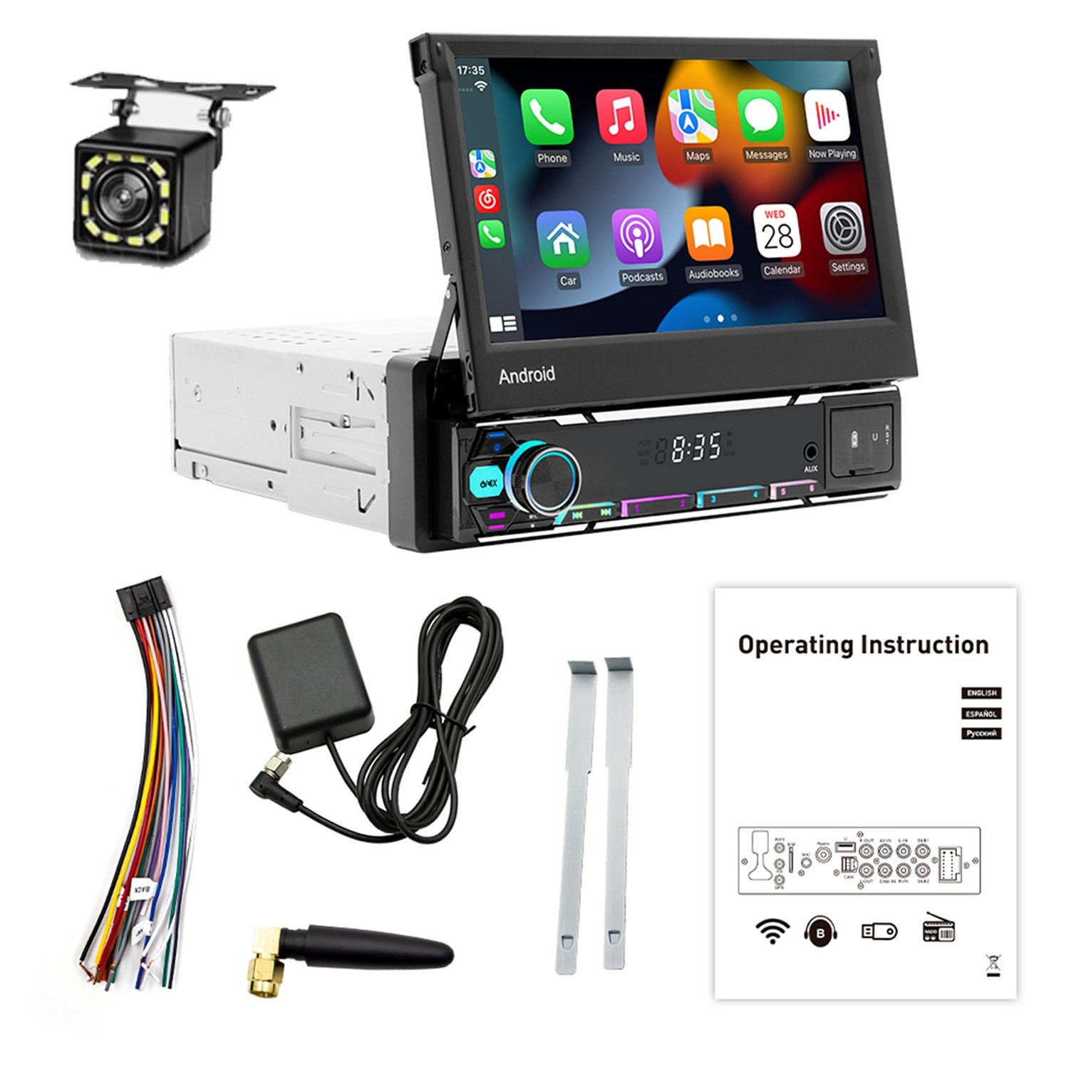 7” Single Din Android 15 Retractable Screen Car Stereo Radio GPS WIFI Carplay