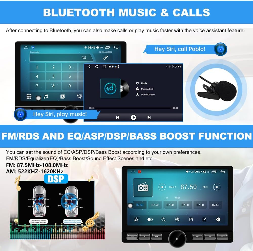 Single Din Car Radio Stereo Universal 8 Core Car Radio Rotatable Touchscreen10.6