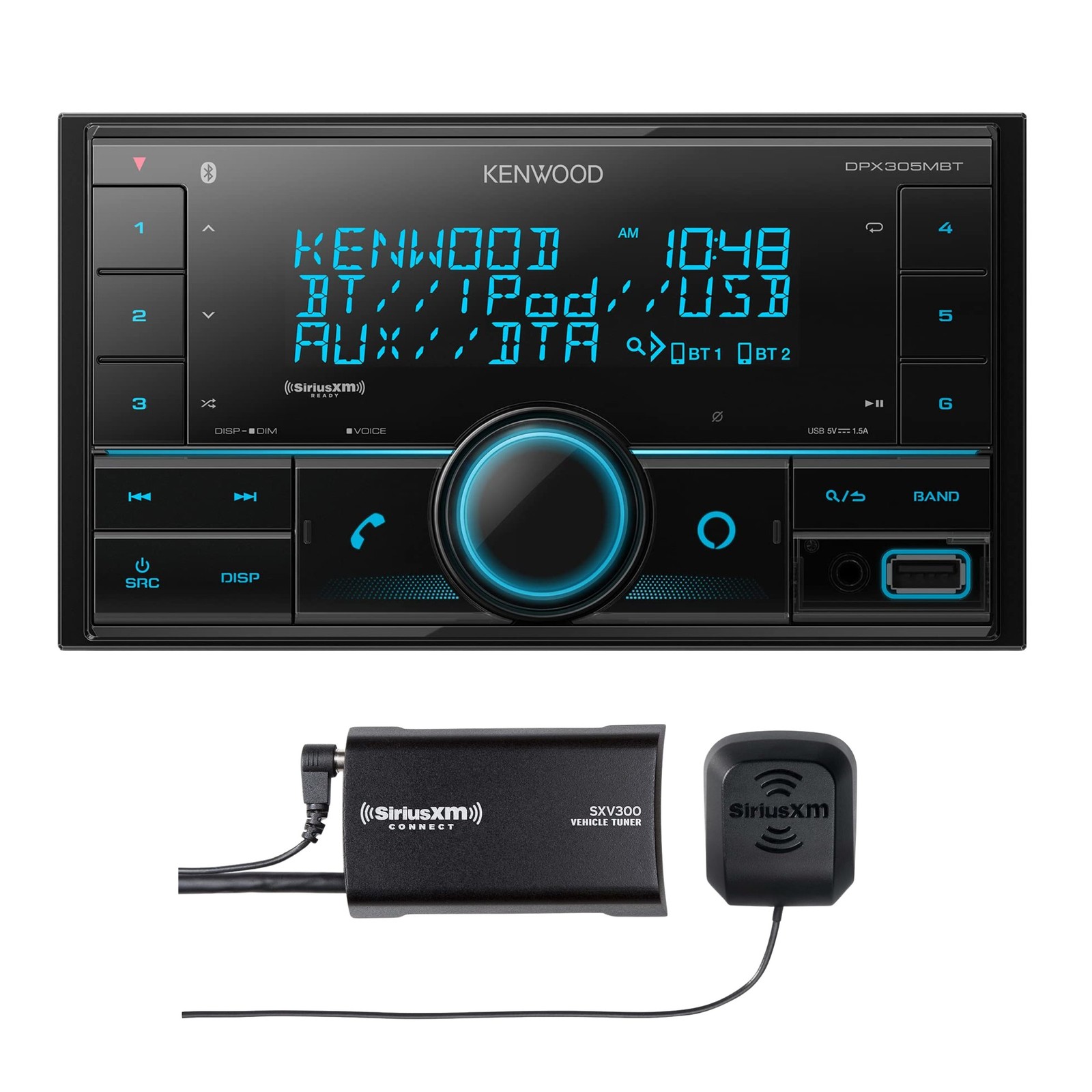 Kenwood DPX305MBT Double DIN Car Stereo + SiriusXM SXV300 Tuner Bundle
