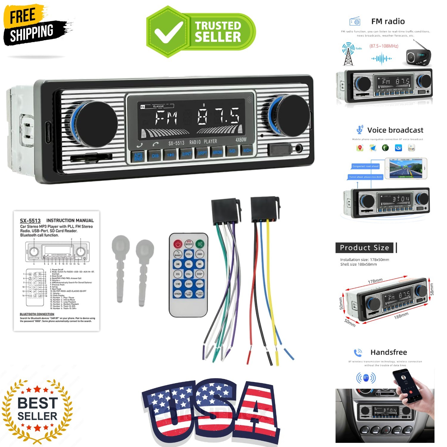 Classic 7″ Single Din Car Radio,Bluetooth Car Stereo, FM Radio,Car Audio Rece…
