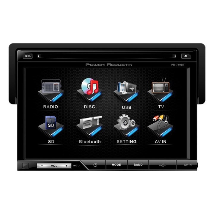 POWER ACOUSTIK 7” LCD SINGLE-DIN DVD RECEIVER w/BLUETOOTH & DETACHABLE FACEPLATE