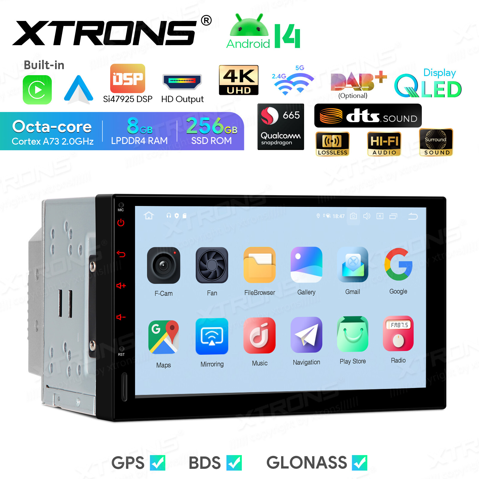 2 DIN Android 14 CarPlay Head Unit 8GB 256GB GPS DTS Sound 7″ Touchscreen WIFI