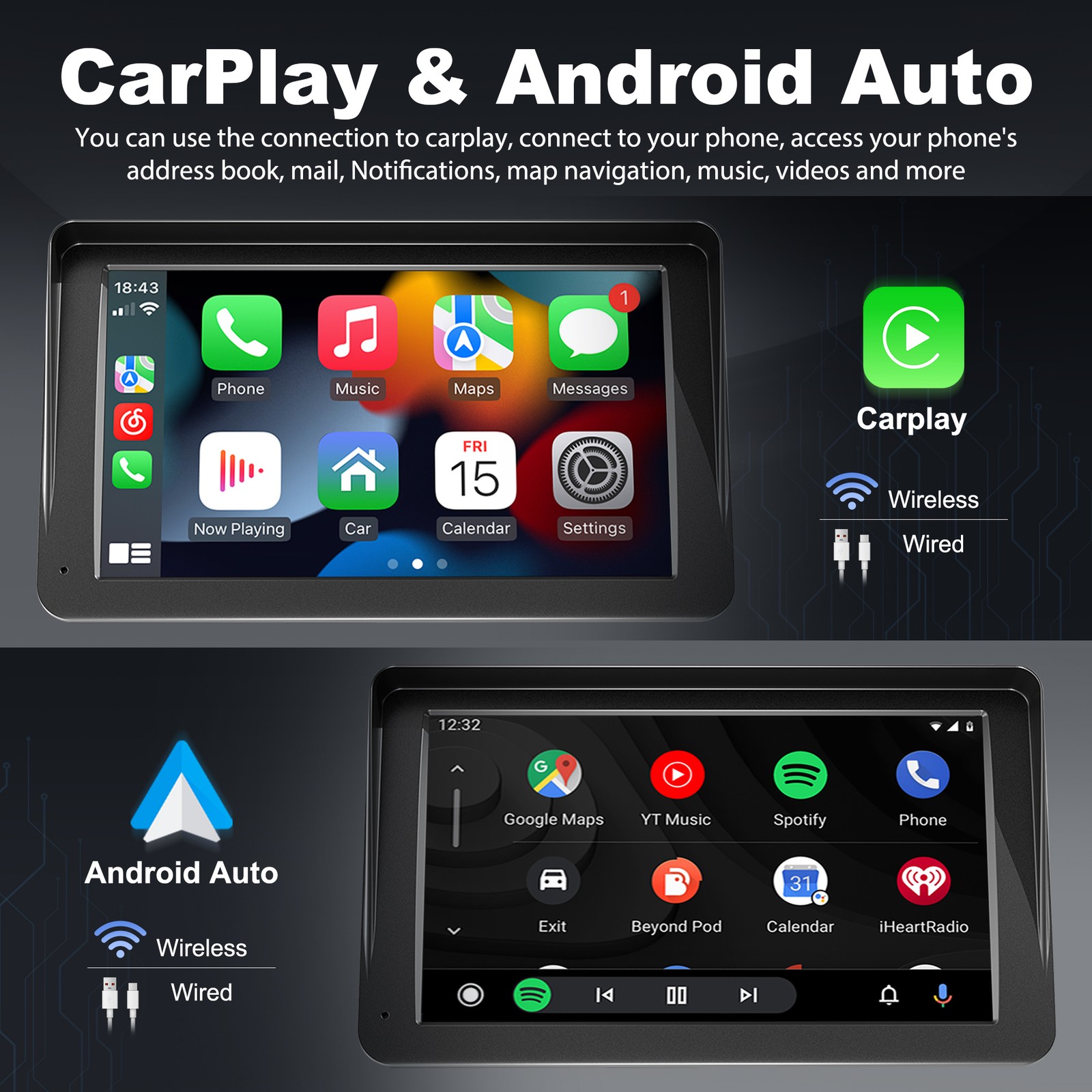 7 INCH PORTABLE WIFI WIRELESS CARPLAY & ANDROID AUTO CAR RADIO MP5 PLAYER 2 DIN