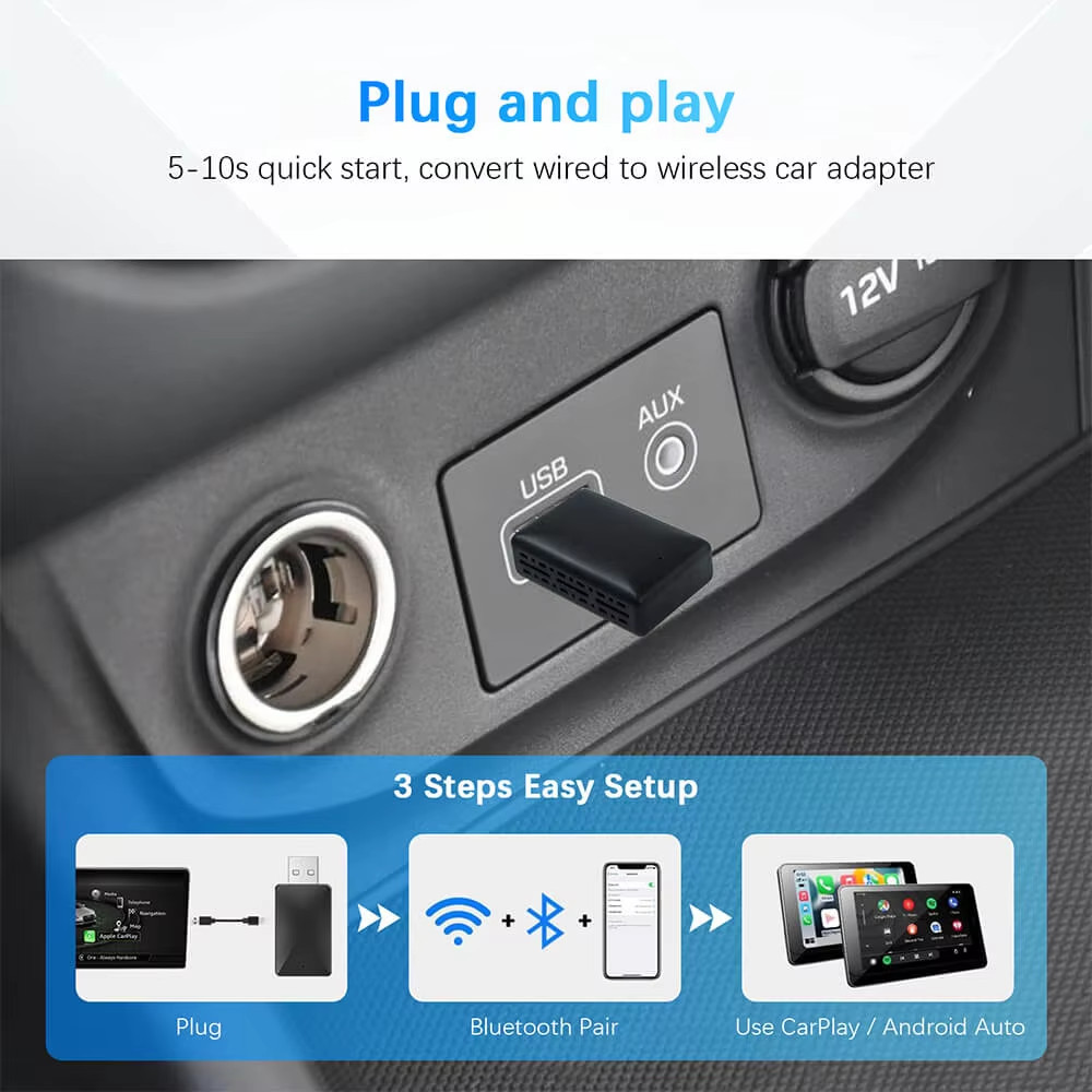 2In1 Wired to Wireless Carplay Android Auto Adapter for OEM Car Stereo with USB