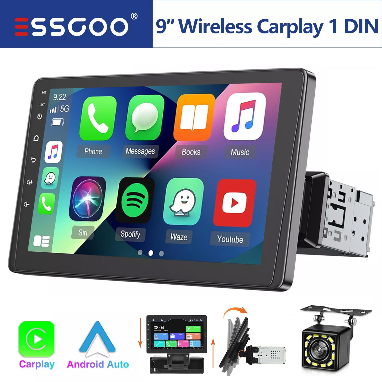 9″ Wireless Apple CarPlay Android Auto Car Stereo Radio Head Unit USB with CAM