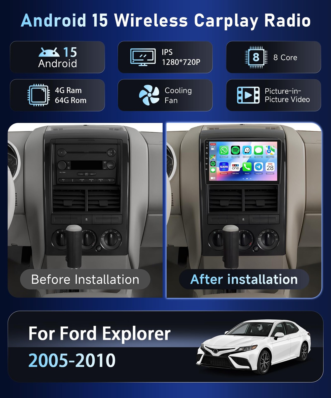 8Core4+64G Car Stereo for Ford Explorer 2005-2010 Wireless CarPlay/Android Au…