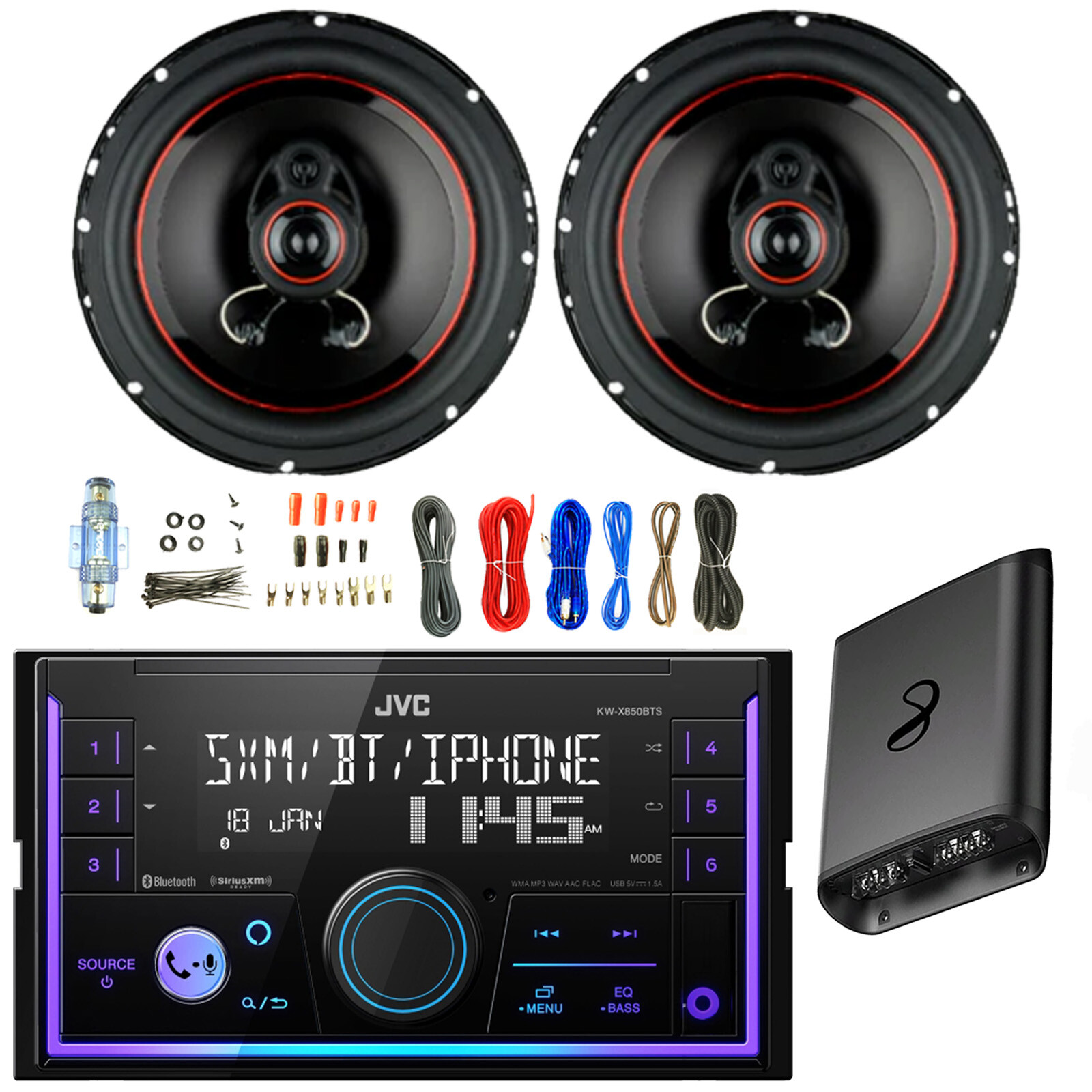 JVC Double DIN Bluetooth AM/FM Radio Receiver, 2x 6.5″ 330W Speakers, Amp w/Kit