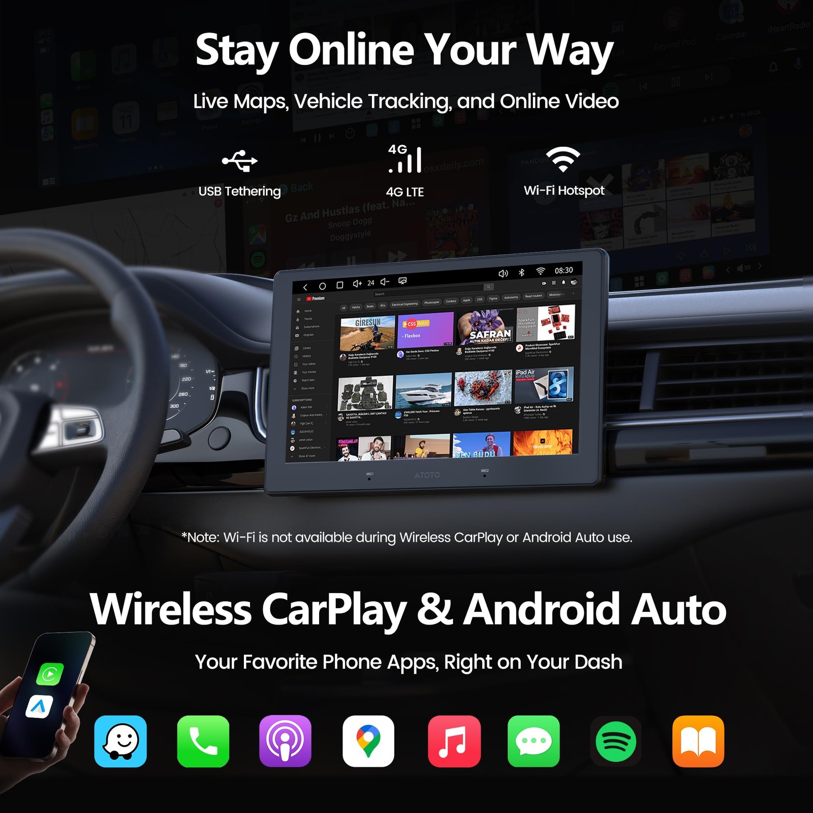 ATOTOOUT A7 10.1″ QLED Android Double Din Car Stereo, 4G LTE/Wi-Fi/USB, SPDIF…