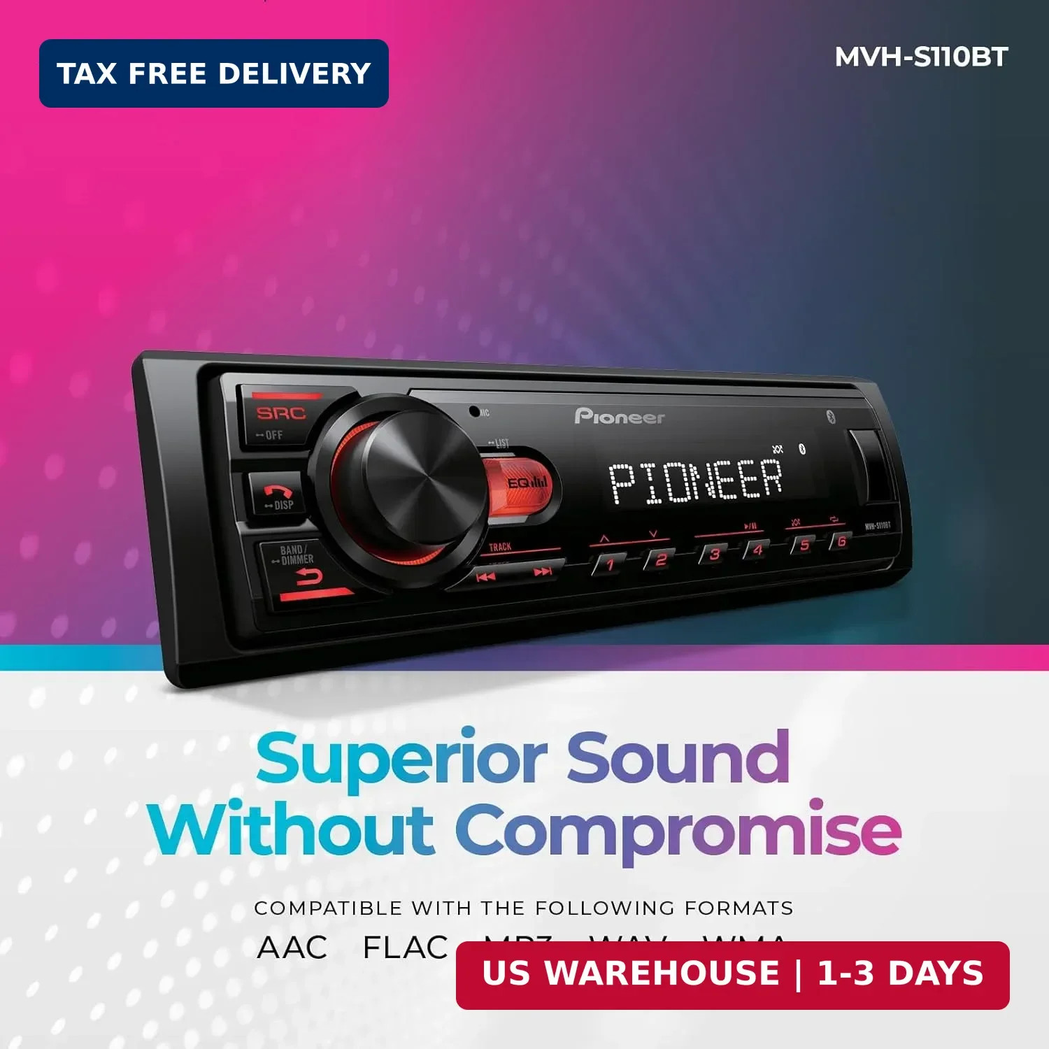 Pioneer MVH-S110BT 1-Din Digital Media Receiver Car Stereo – Bluetooth, USB Inpu