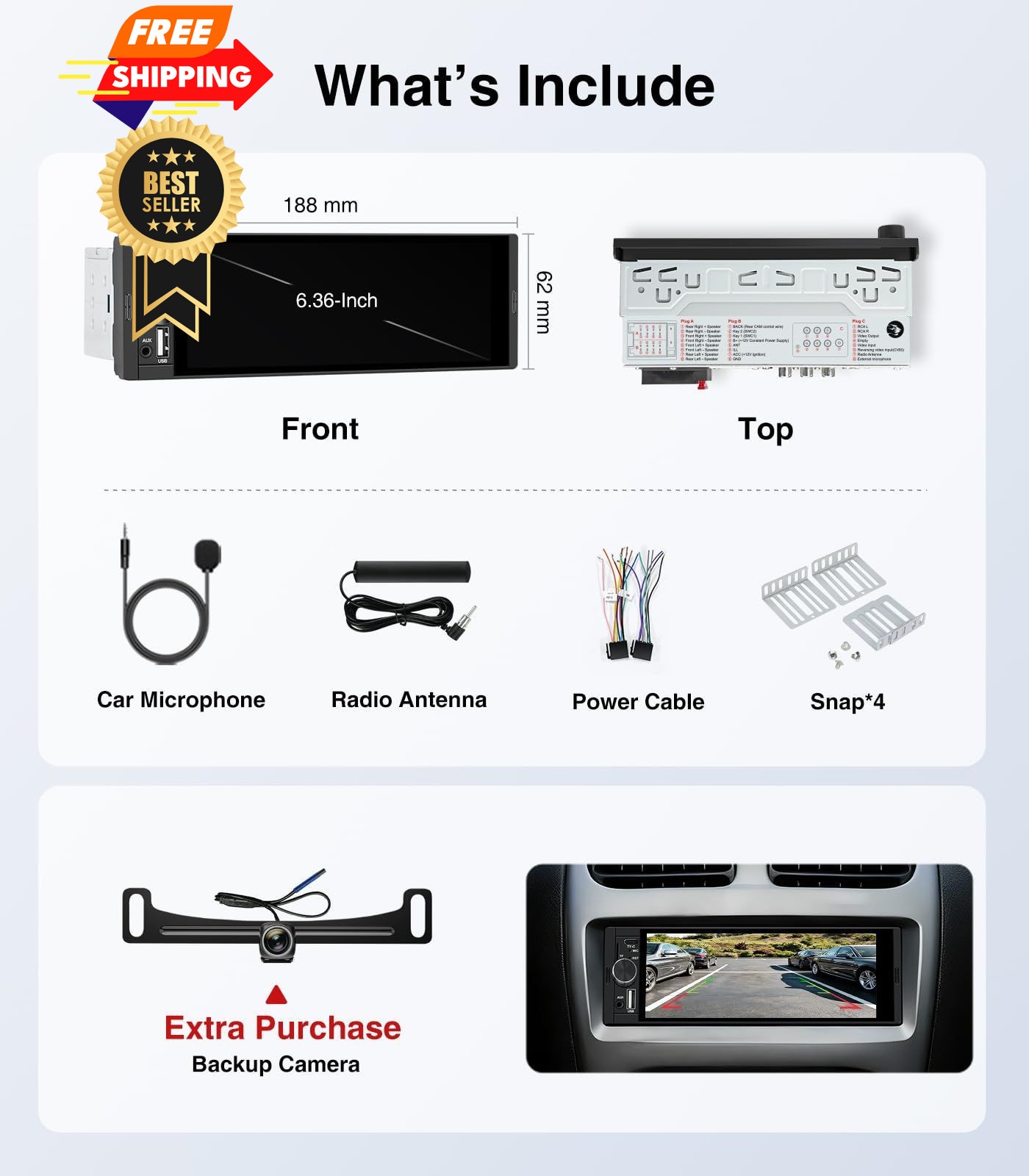 AINAVI 6.36 Inch Single Din Touchscreen Car Stereo Carplay Android Auto