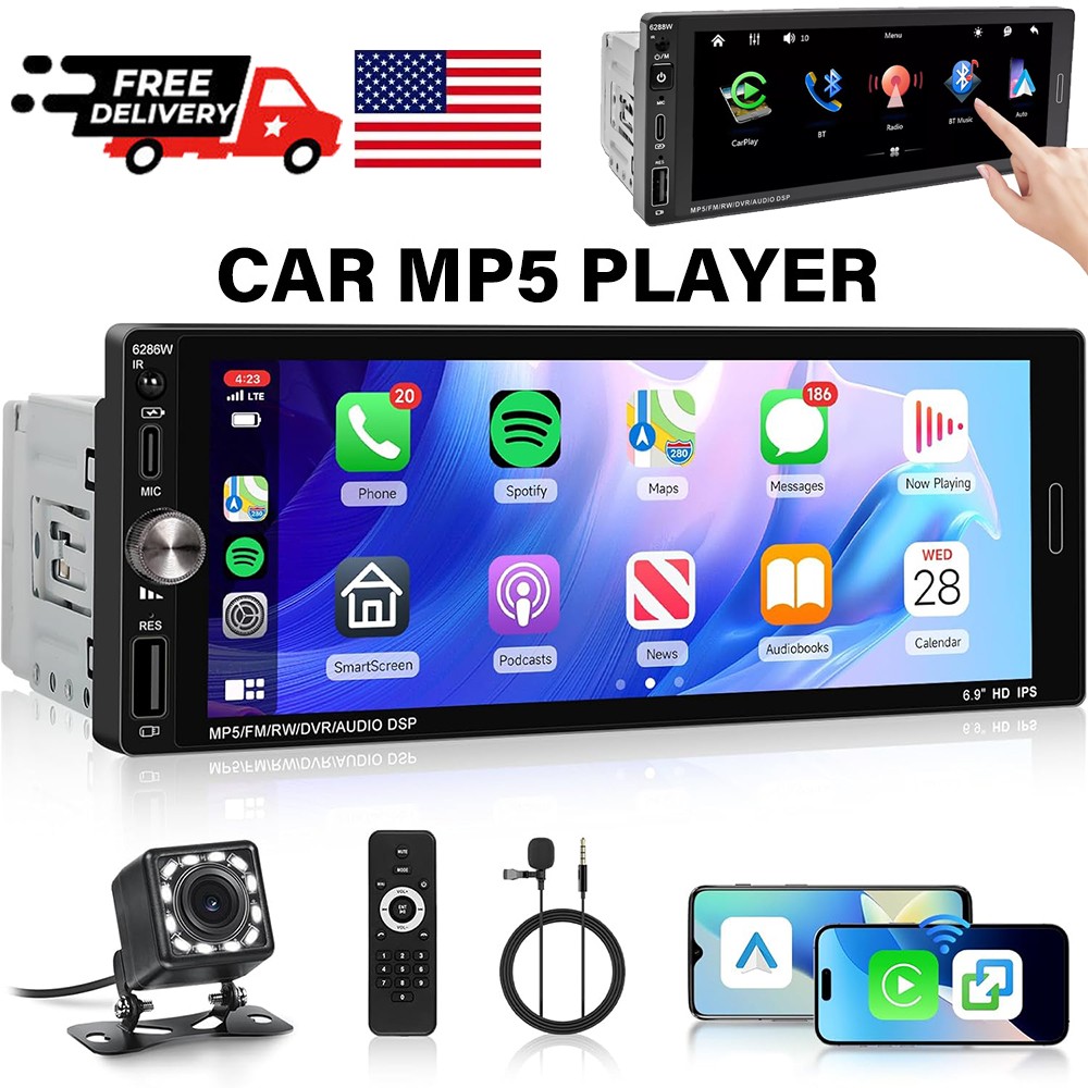 Single Din Car Stereo Wireless Apple Carplay 6.9 Touchscreen Bluetooth Radio USB