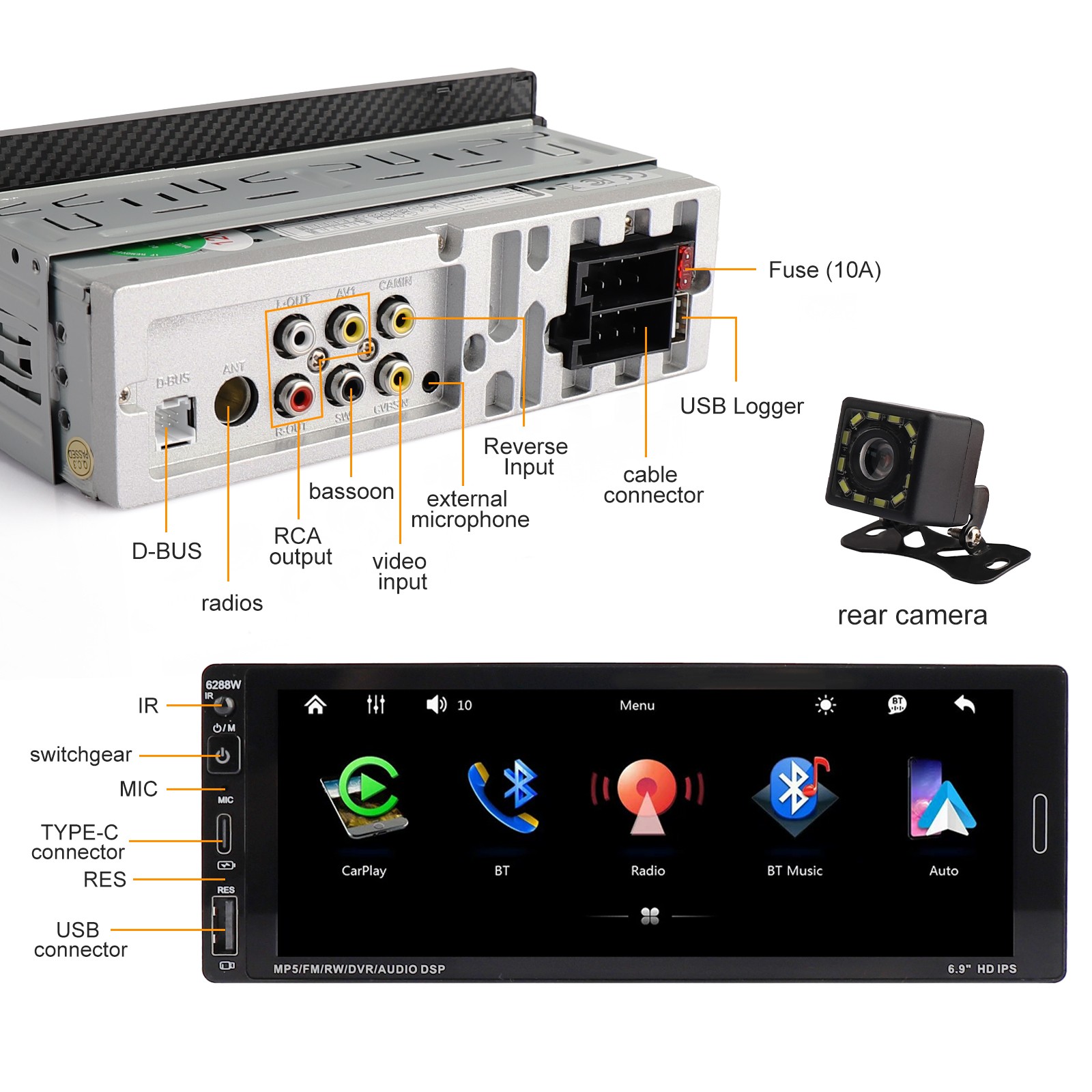 Single Din Car Stereo Wireless Carplay 6.9 Touchscreen Bluetooth Radio Usb