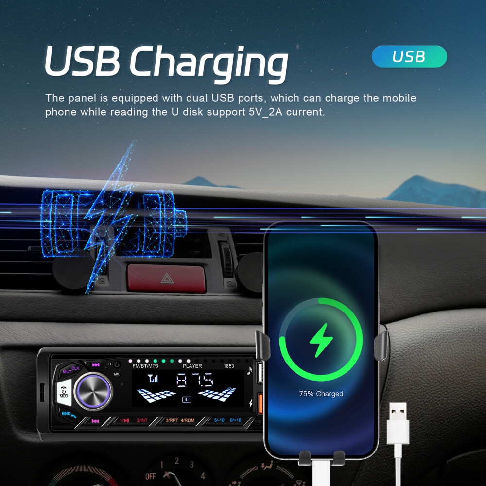 Single 1DIN Car Radio Stereo In-dash FM/USB/AUX/TF Bluetooth Audio +Phone Holder