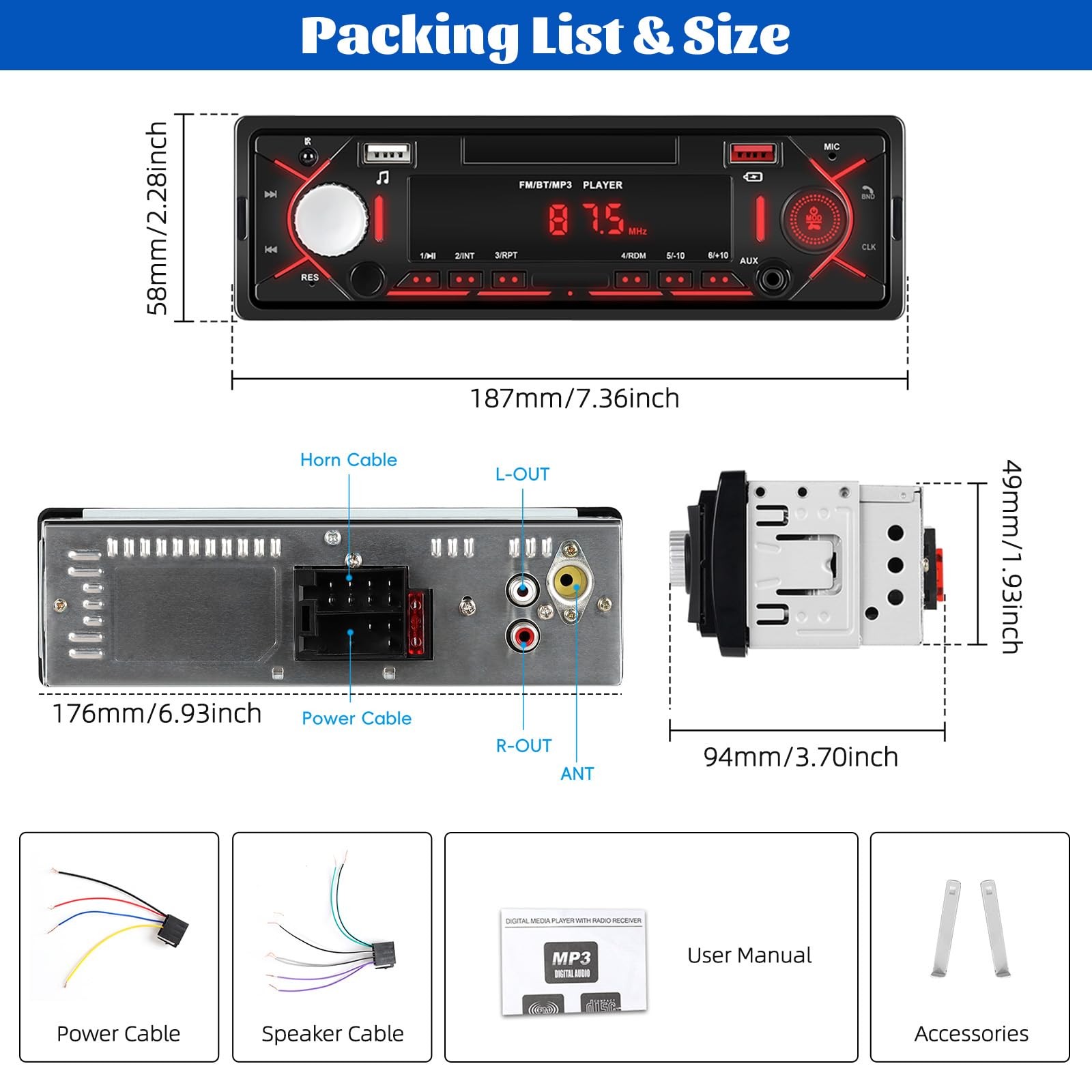Single Din Bluetooth Multimedia Car Stereo Radio,Car Audio MP3 Player Support…