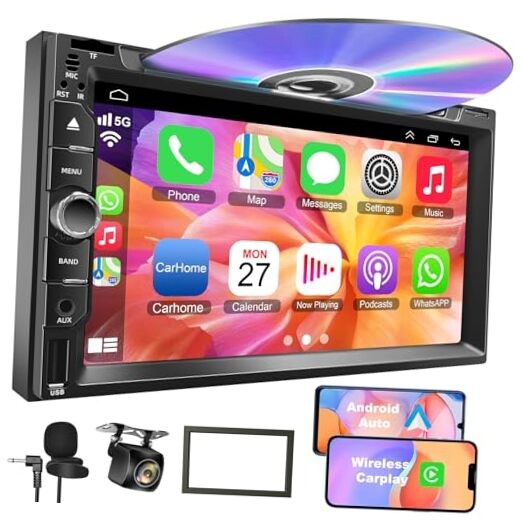 Double Din Car Stereo with CD/DVD Player, 7-Inch Touch Screen, Bluetooth 5.2