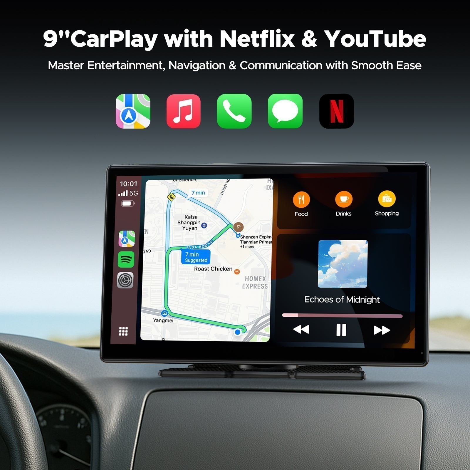 9″ Wireless CarPlay Screen With Youtube Netflix Android Auto GPS+Reverse Camera