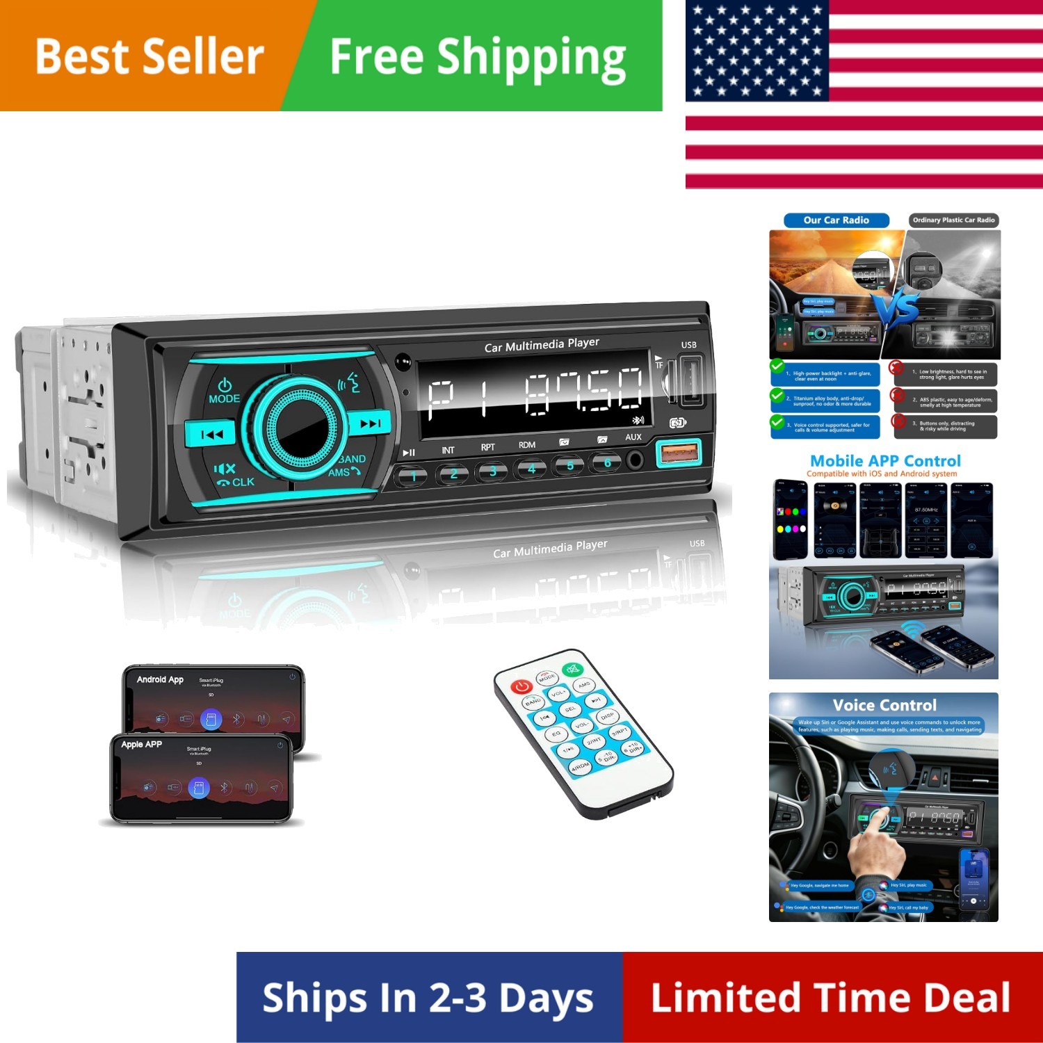 Car Stereo Bluetooth Single Din Radio, Car Audio with Push to Talk Assistant,…