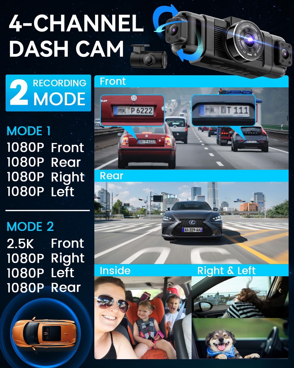 IIWEY N5 4-Channel 360 Dashcam 1080P Front+Rear+Inside WiFi Night Vision 128GB S