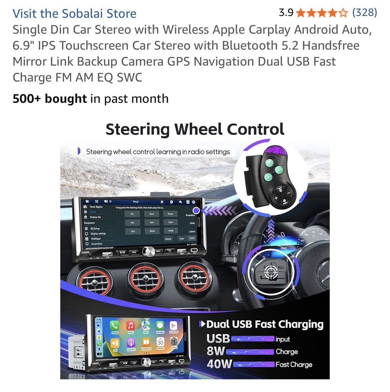 Single Din Car Stereo with Wireless Apple Carplay Android Auto 6.9″ IPS