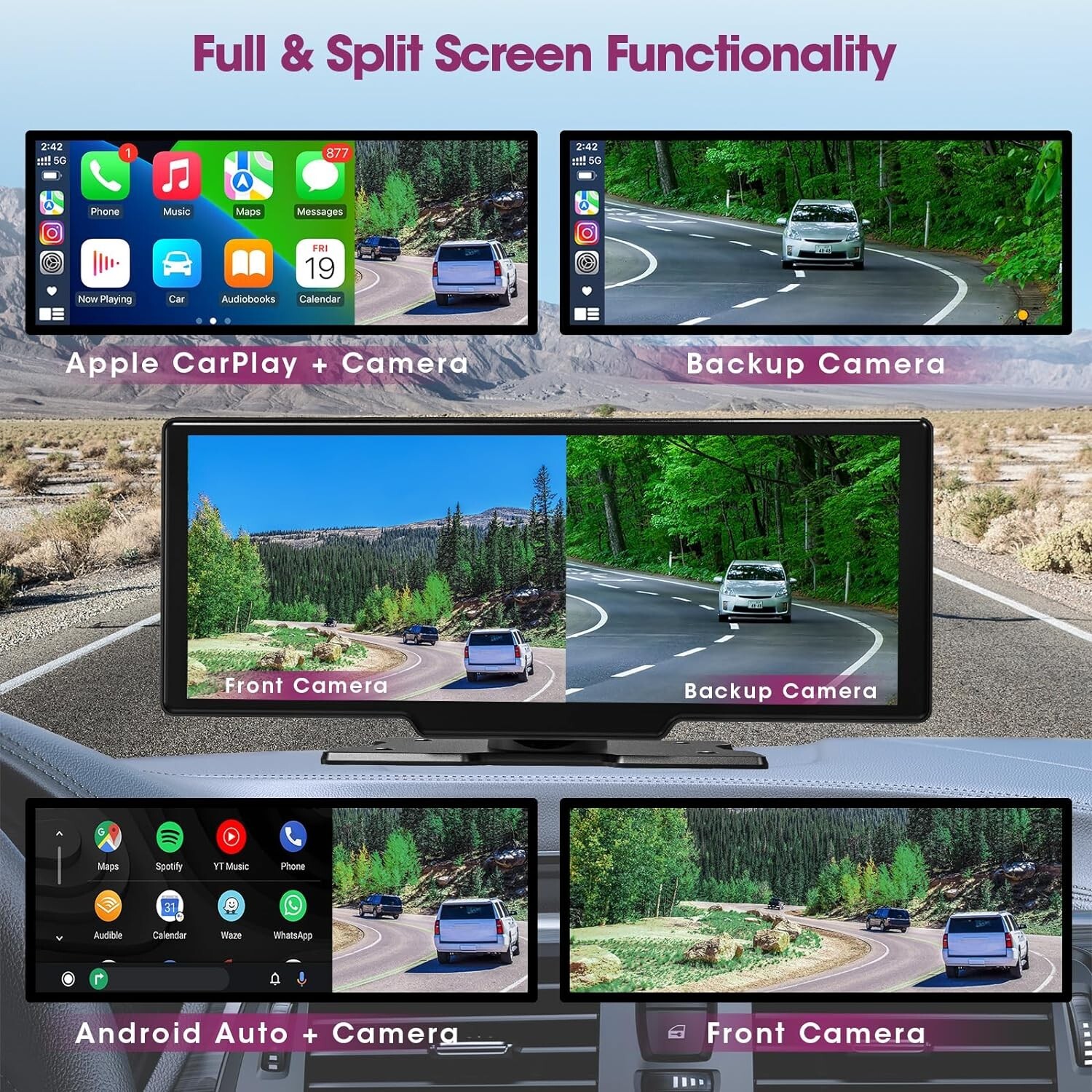 Wireless CarPlay 10.26″ Touchscreen Dash Mount Android Car Stereo 2.5K Dash Cam