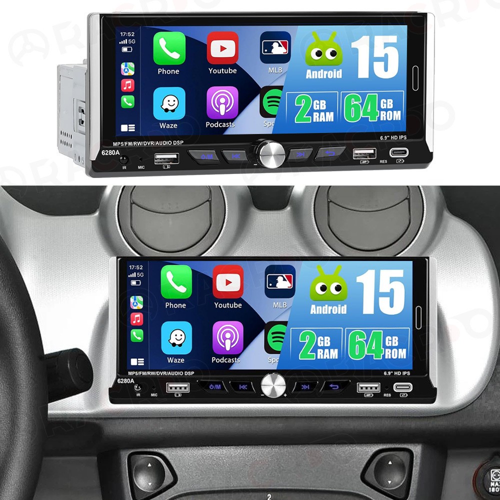 2+64GB Single 1DIN Car Radio GPS NAVI Carplay 6.9 Inch Stereo Player Android 15