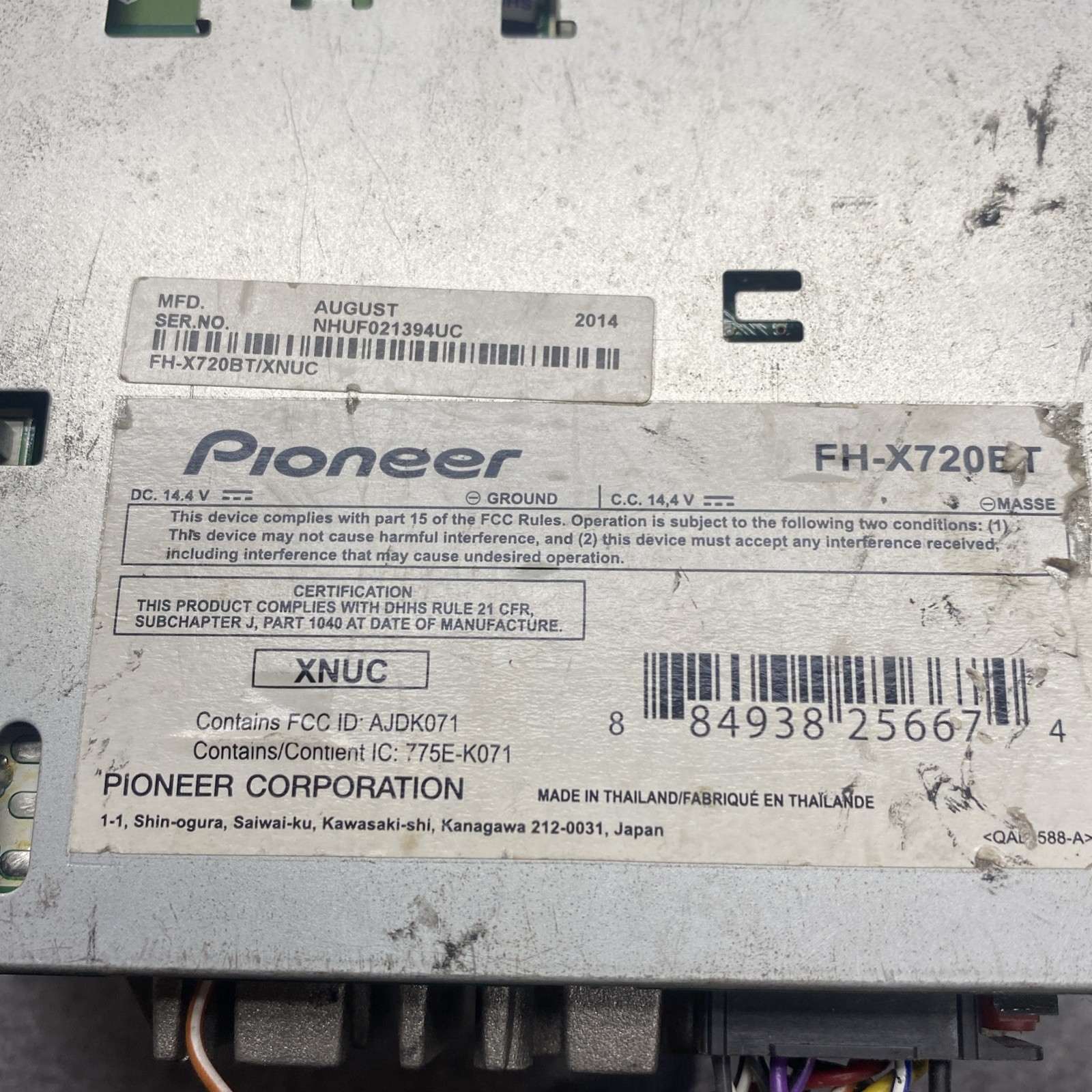 Pioneer FH-X720BT USB/MP3/CD Receiver In Dash Receiver Untested Parts