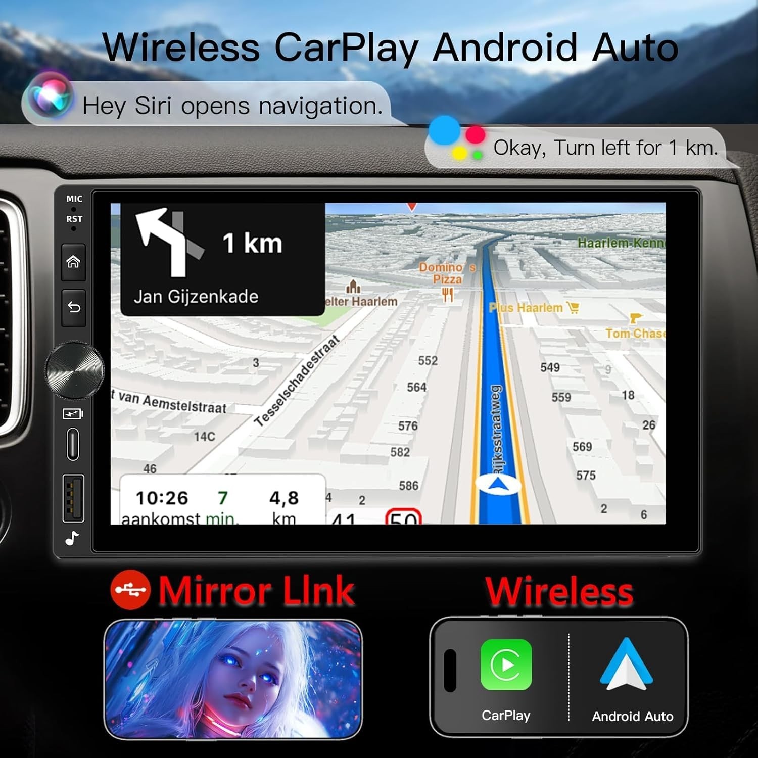 6.83″ Double DIN Android Auto Carplay Linux Stereo with Backup Camera