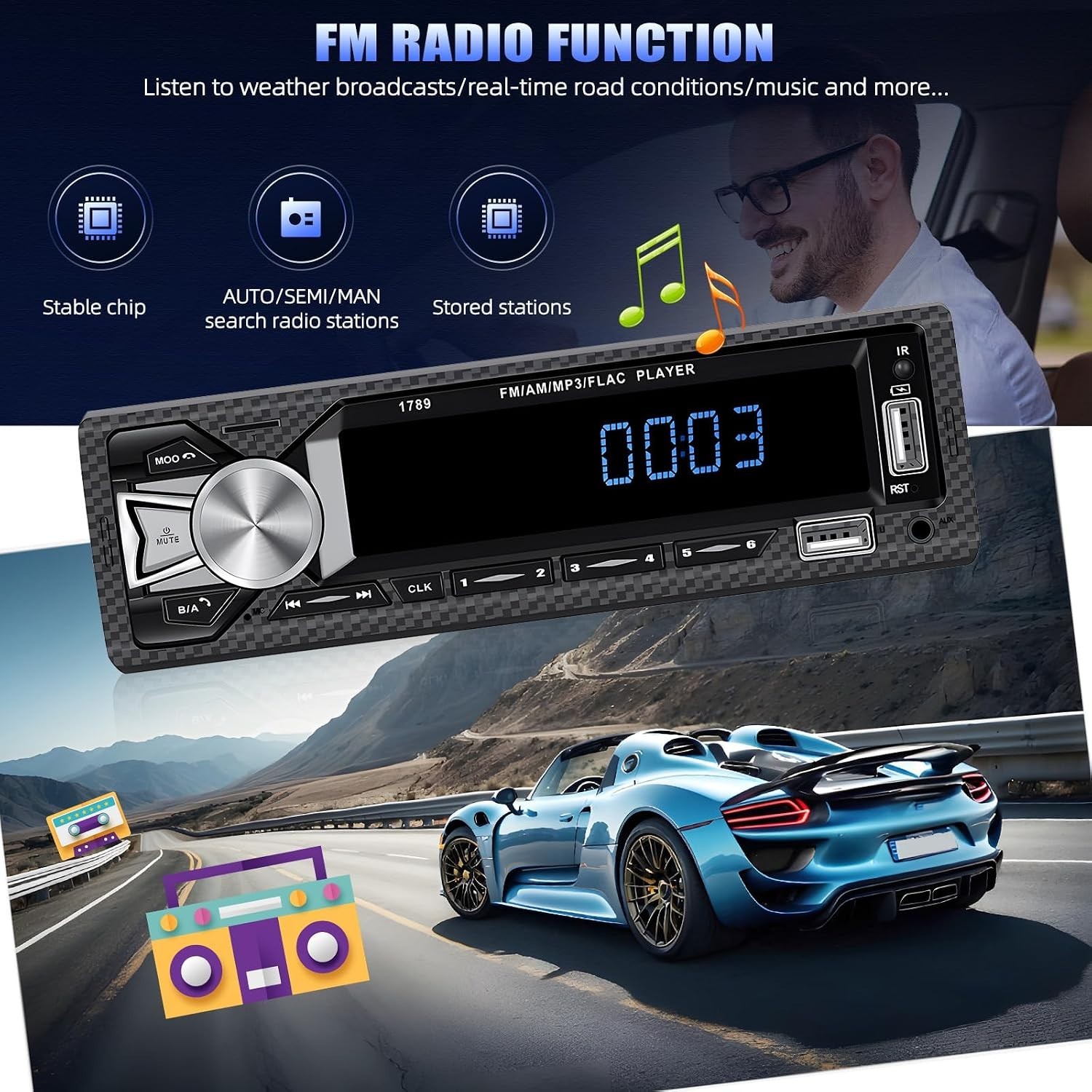 Digital LCD Single Din Car Radio with FM, MP3 Player & RGB Backlit Buttons