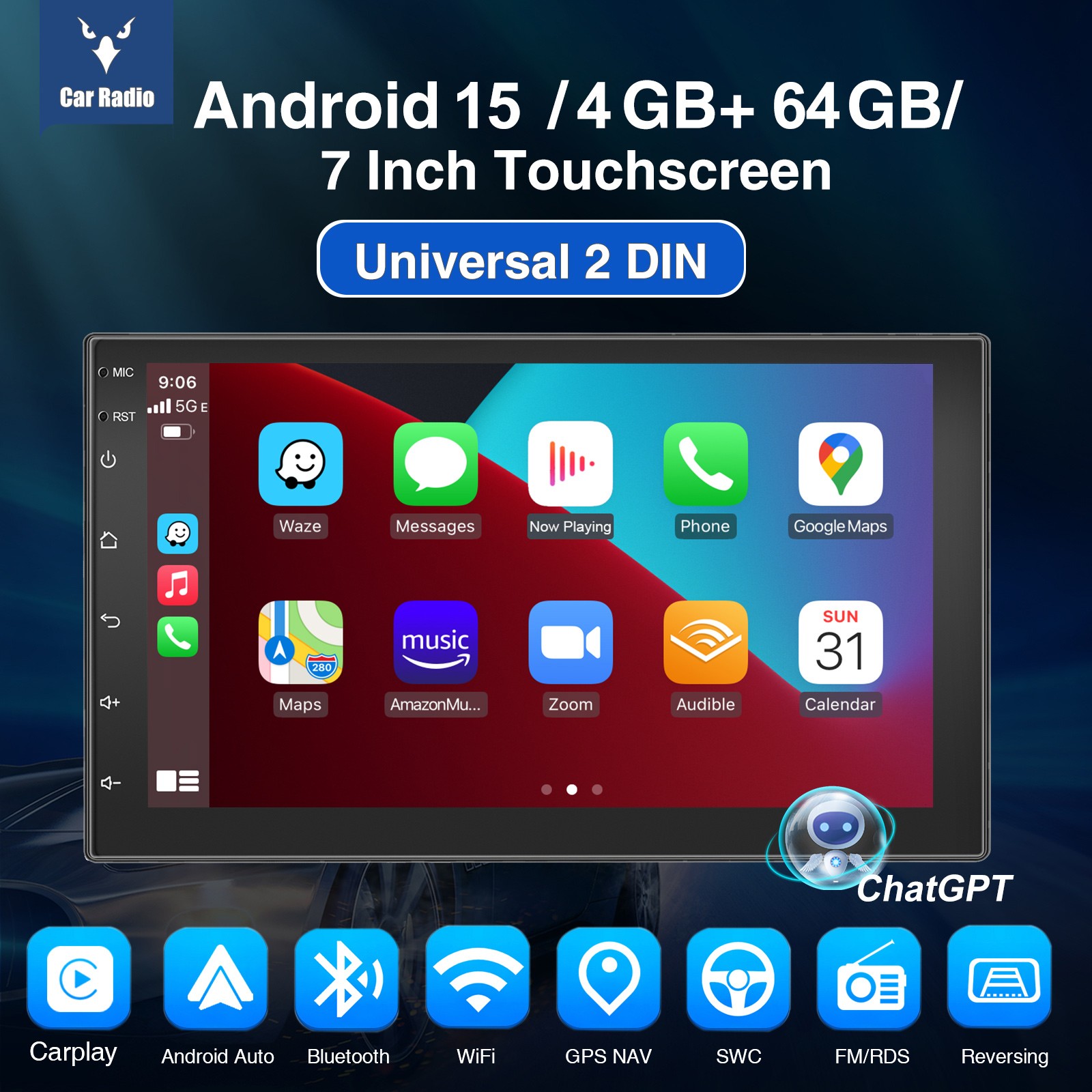 9″ Car Stereo Radio Single 1 DIN Apple CarPlay/Android Auto Touch Screen USB FM