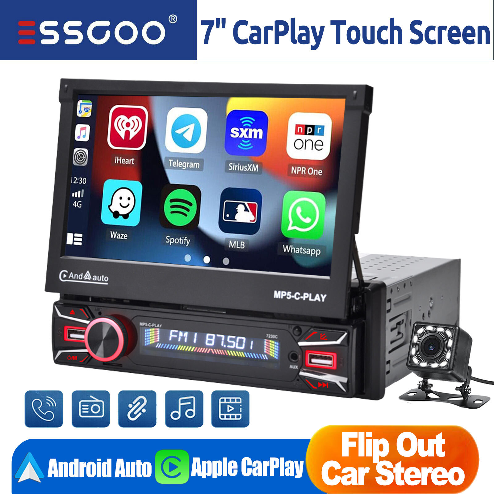 7” Single 1 Din Car Stereo Radio Carplay Flip Out Touch Screen Automatic FM/Cam