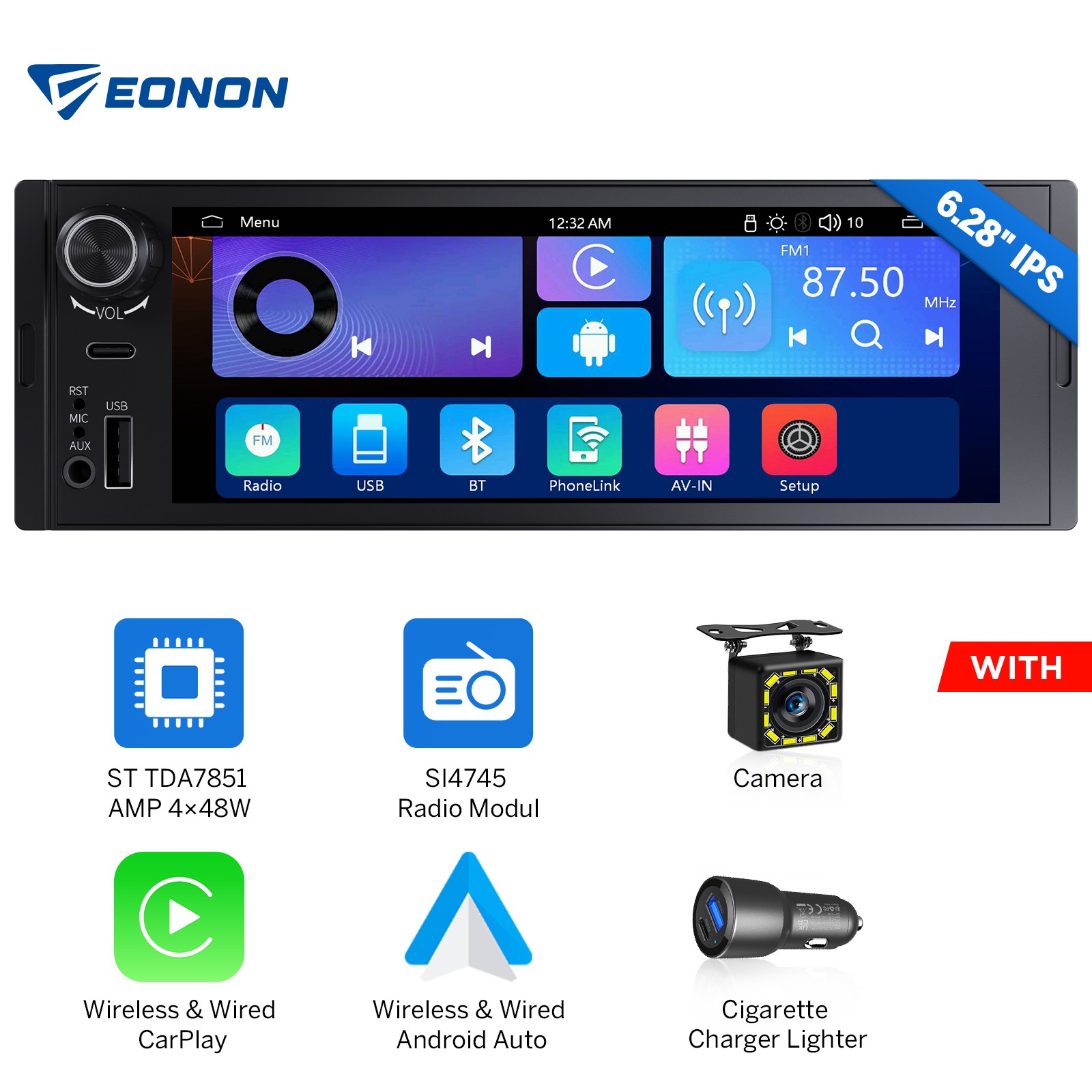 1DIN Android Auto 6.28″ IPS Car Stereo Radio Apple CarPlay GPS Sat Nav AUX Audio
