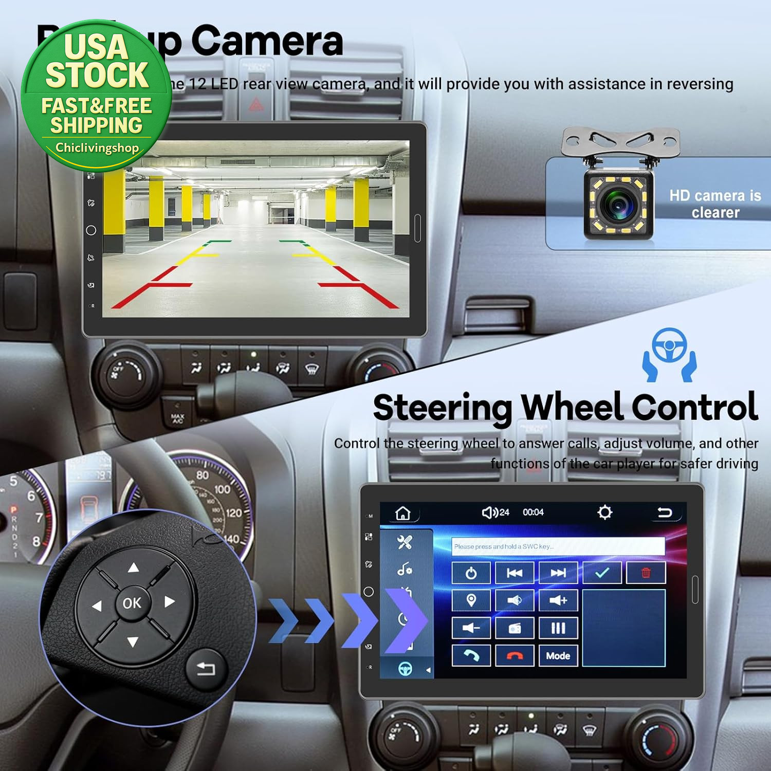 10.1 Inch Single Din Car Stereo Carplay Android Auto Touch Screen Radio Backup