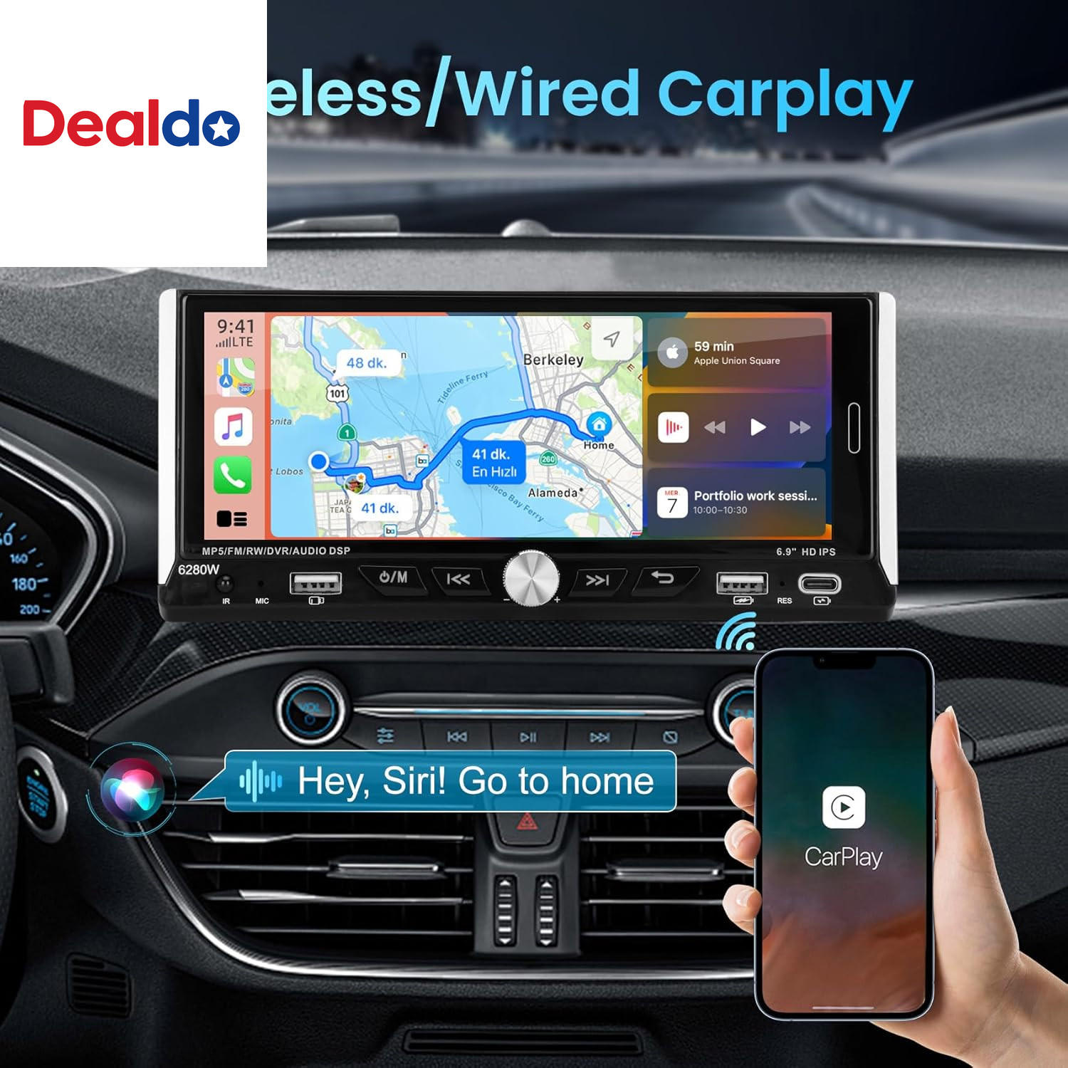 Single Din Car Stereo with Wireless Apple Carplay Android Auto, 6.9″ IPS Touchsc