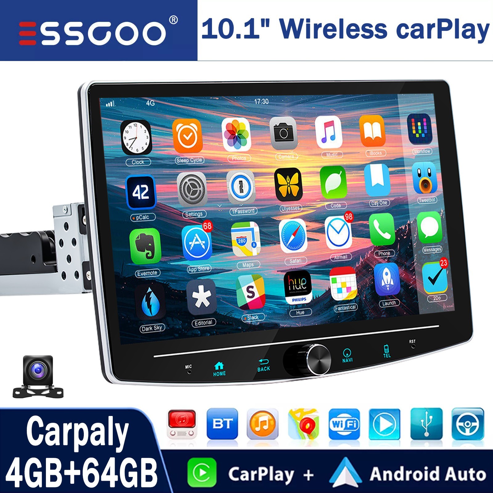 10.1″ Rotatable Apple Carplay Android15 Car Stereo Radio Single 1 DIN GPS +Cam