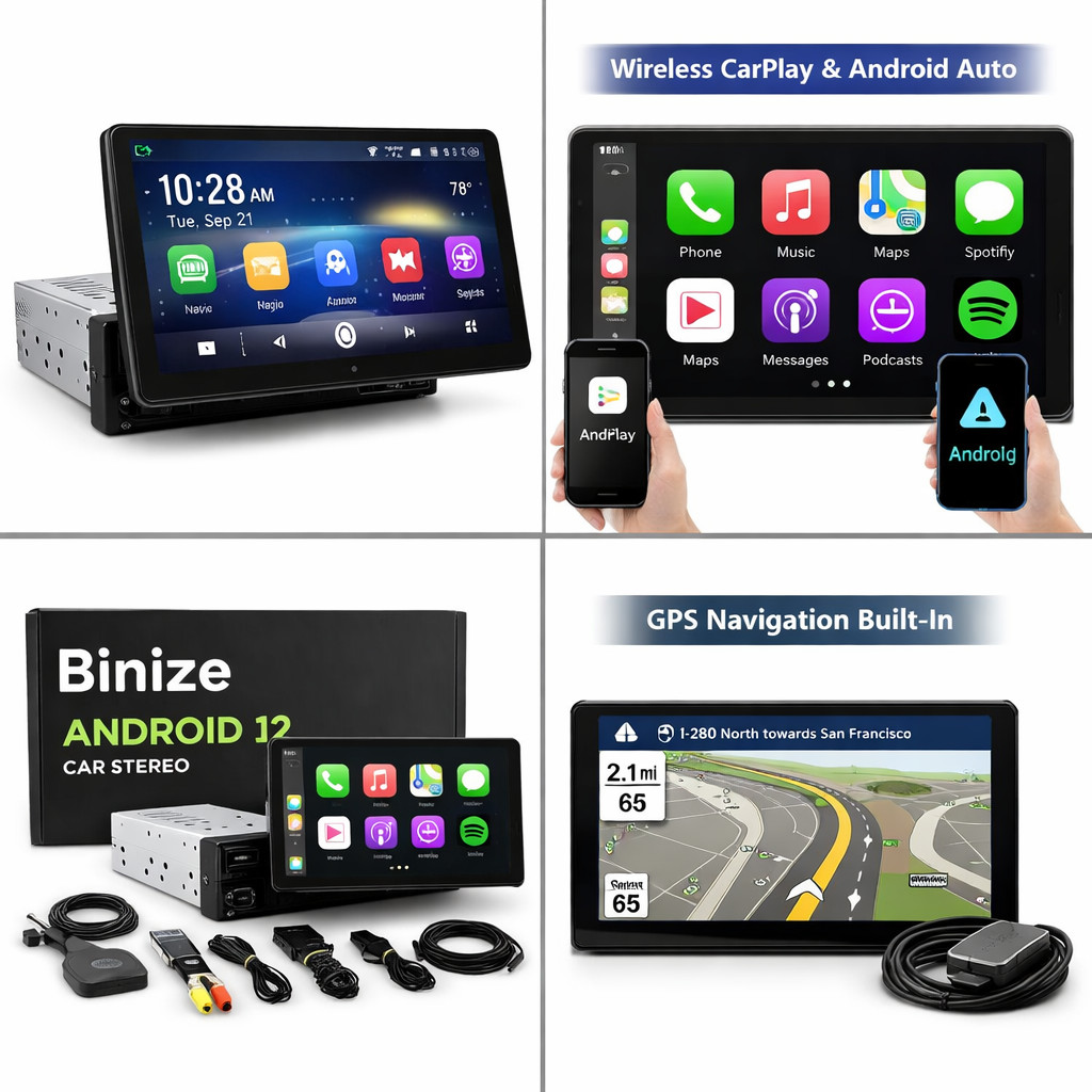 Binize Android 12 Car Stereo 10″ Single DIN 32GB GPS Wireless CarPlay AA